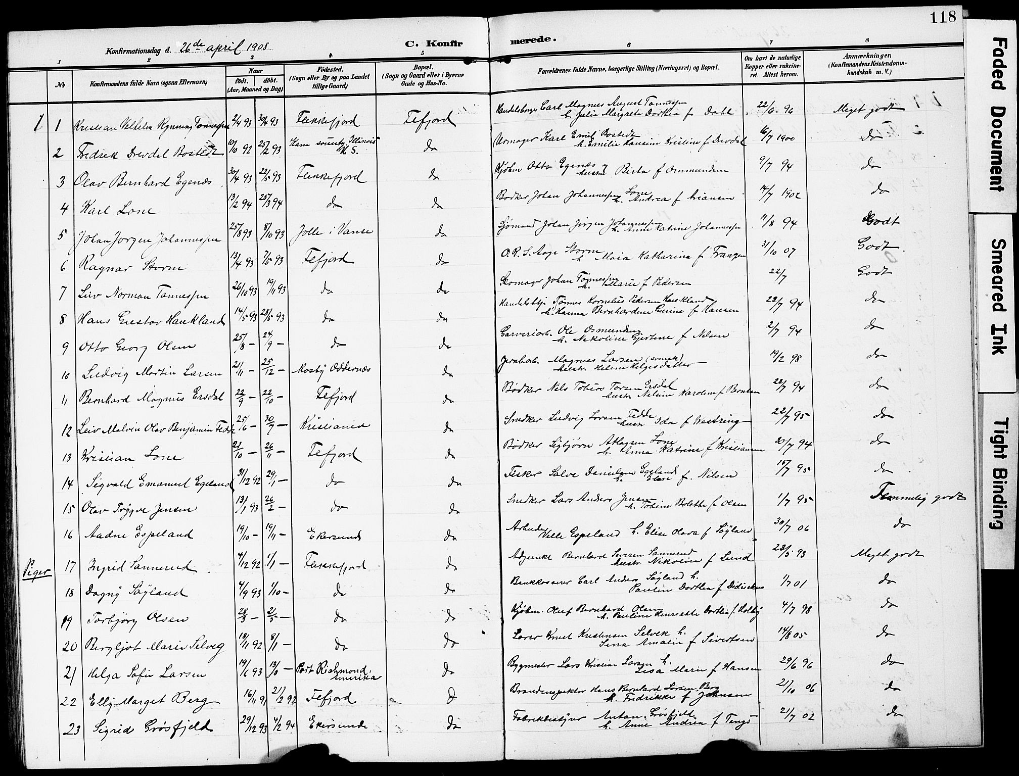 Flekkefjord sokneprestkontor, AV/SAK-1111-0012/F/Fb/Fba/L0001: Klokkerbok nr. B 1, 1903-1931, s. 118