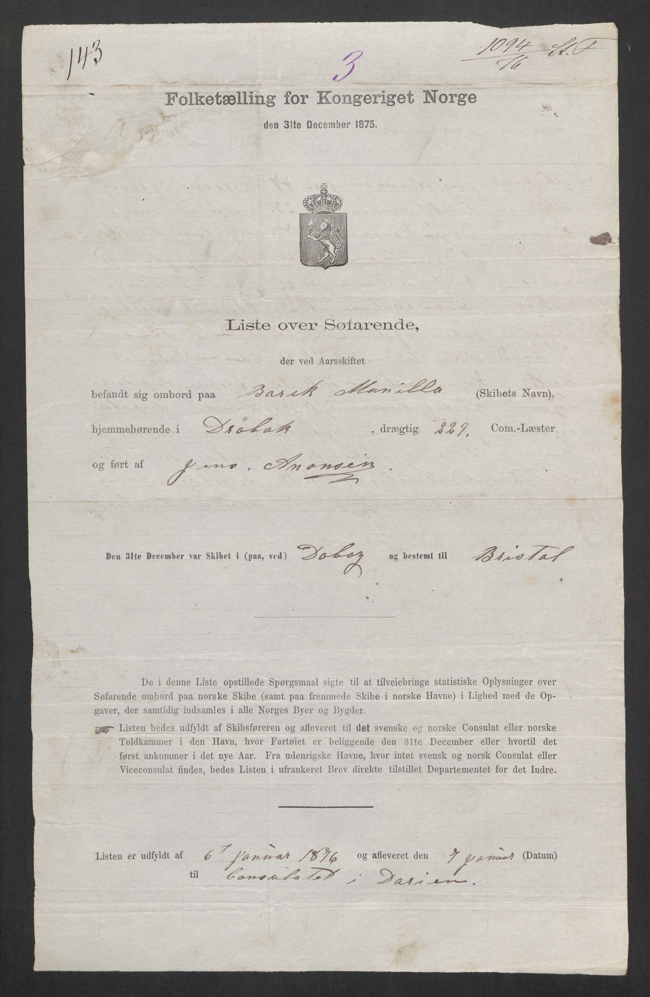 RA, Folketelling 1875, skipslister: Skip i utenrikske havner, hjemmehørende i byer og ladesteder, Fredrikshald - Arendal, 1875, s. 104