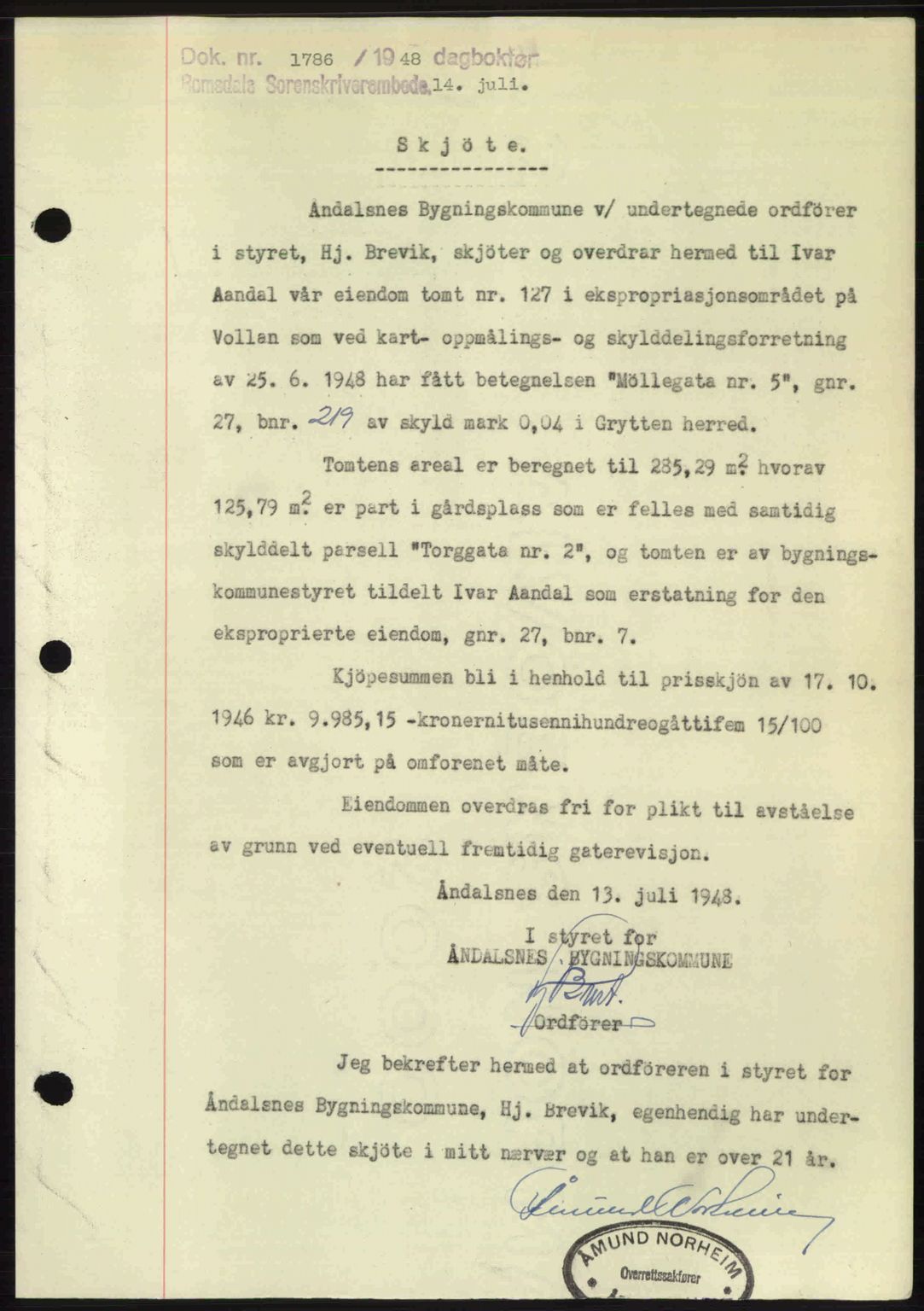 Romsdal sorenskriveri, SAT/A-4149/1/2/2C: Pantebok nr. A26, 1948-1948, Dagboknr: 1786/1948