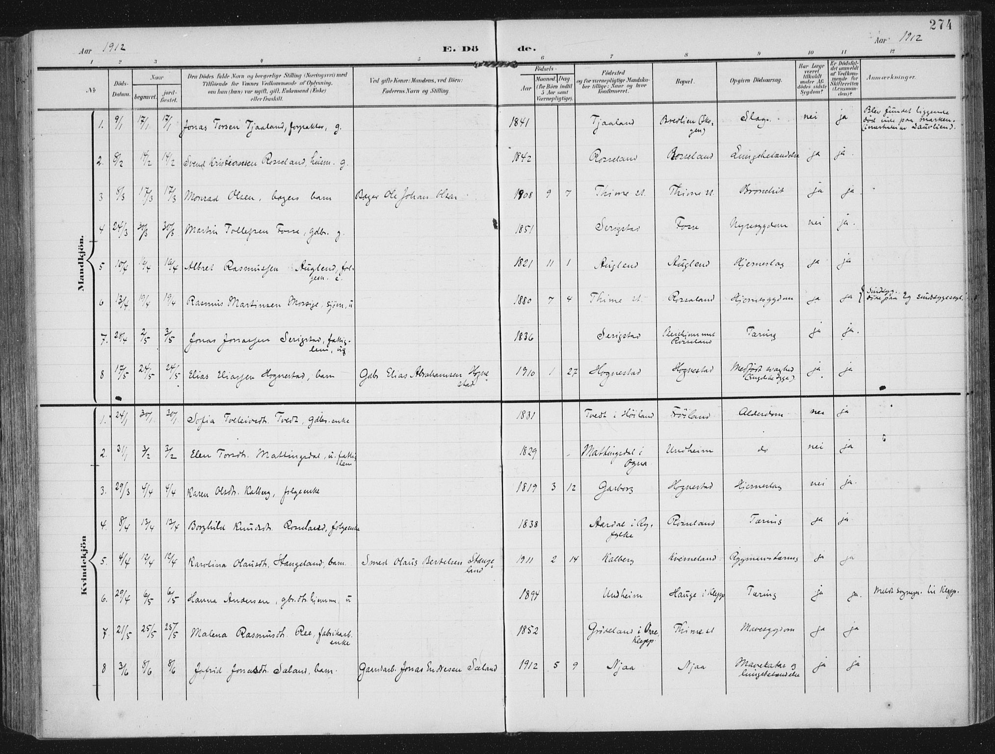 Lye sokneprestkontor, AV/SAST-A-101794/002/A/L0001: Ministerialbok nr. A 12, 1904-1920, s. 274
