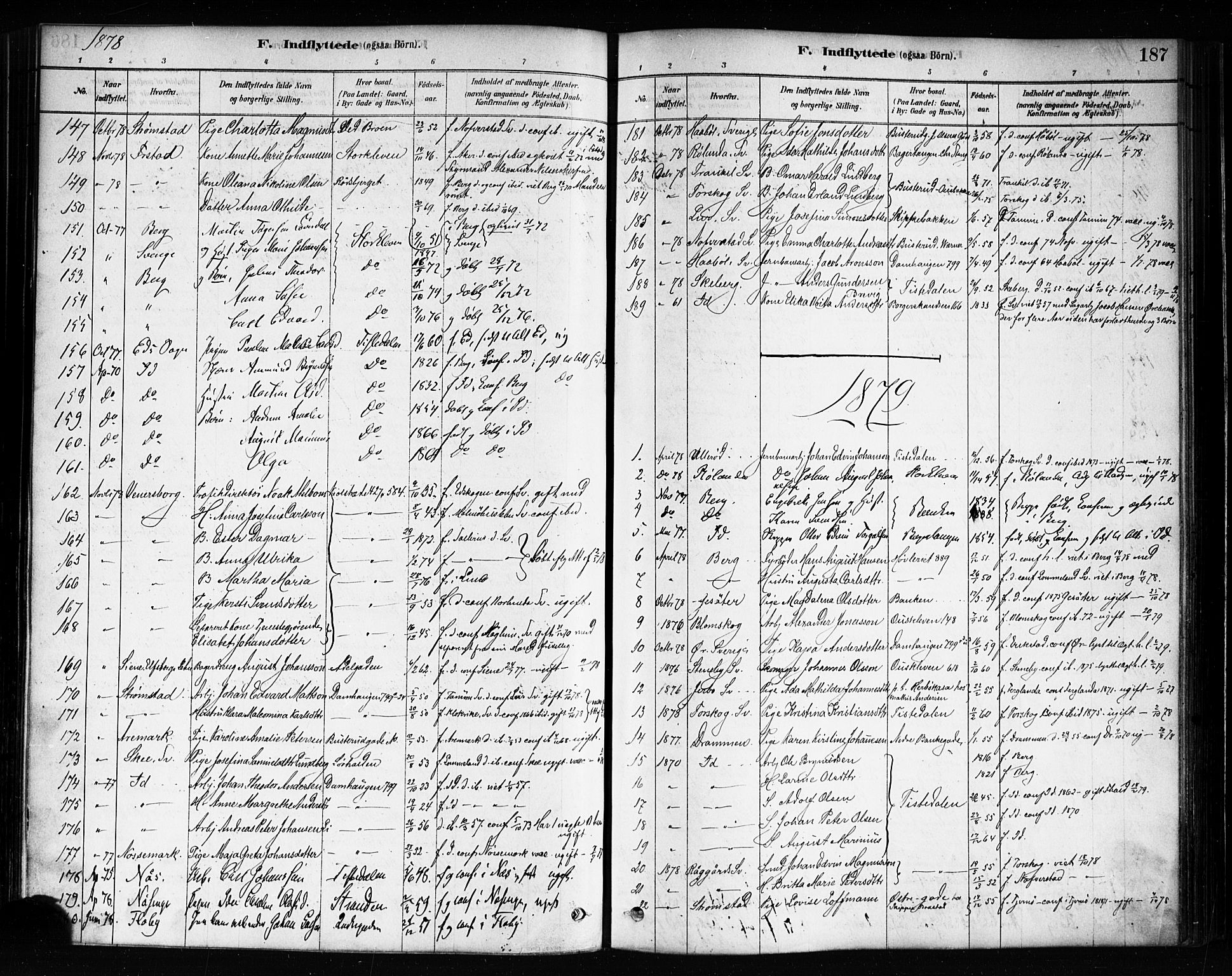 Halden prestekontor Kirkebøker, AV/SAO-A-10909/F/Fa/L0012: Ministerialbok nr. I 12, 1878-1889, s. 187