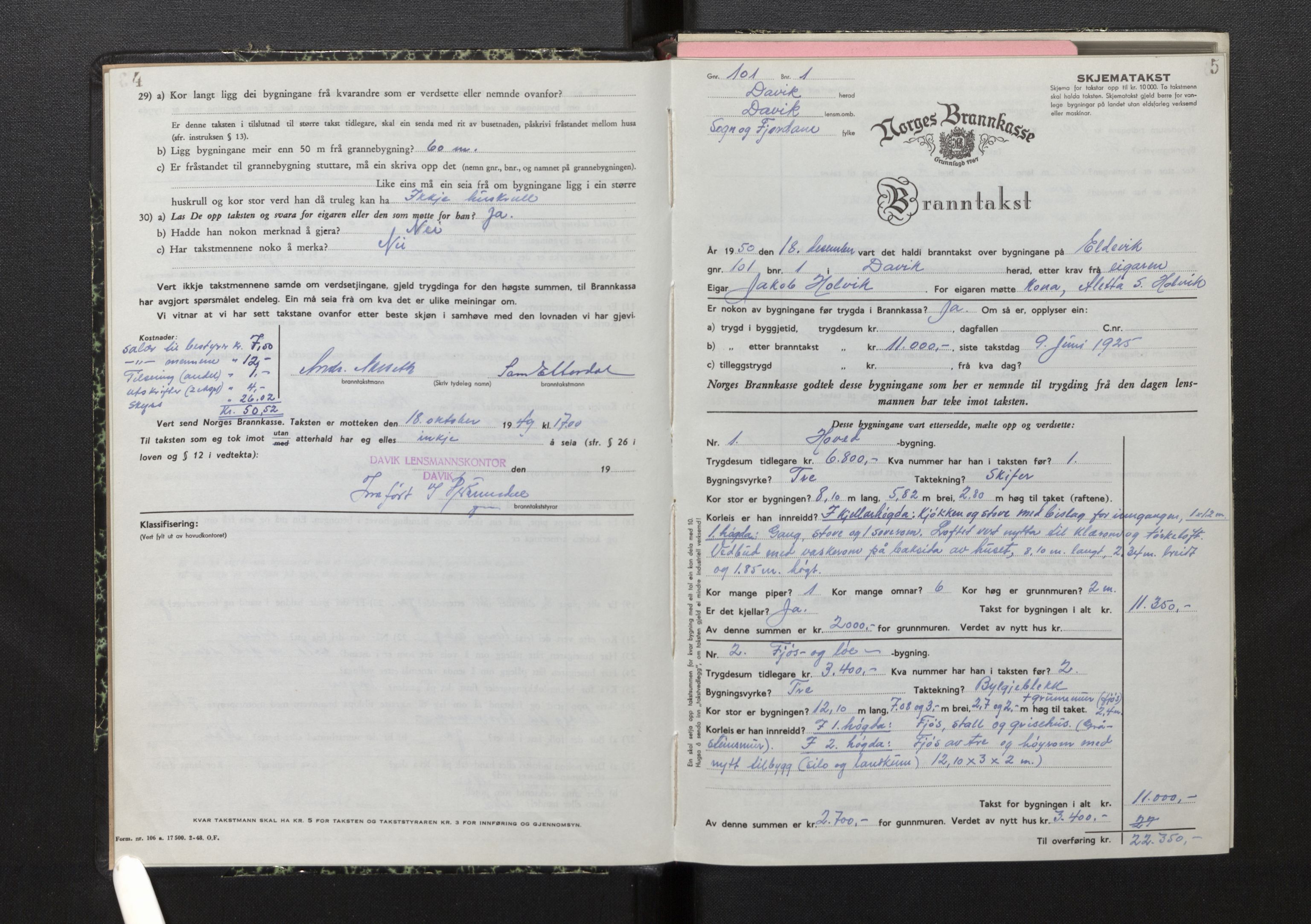 Lensmannen i Davik, SAB/A-26801/0012/L0005: Branntakstprotokoll, skjematakst, 1950-1953, s. 4-5