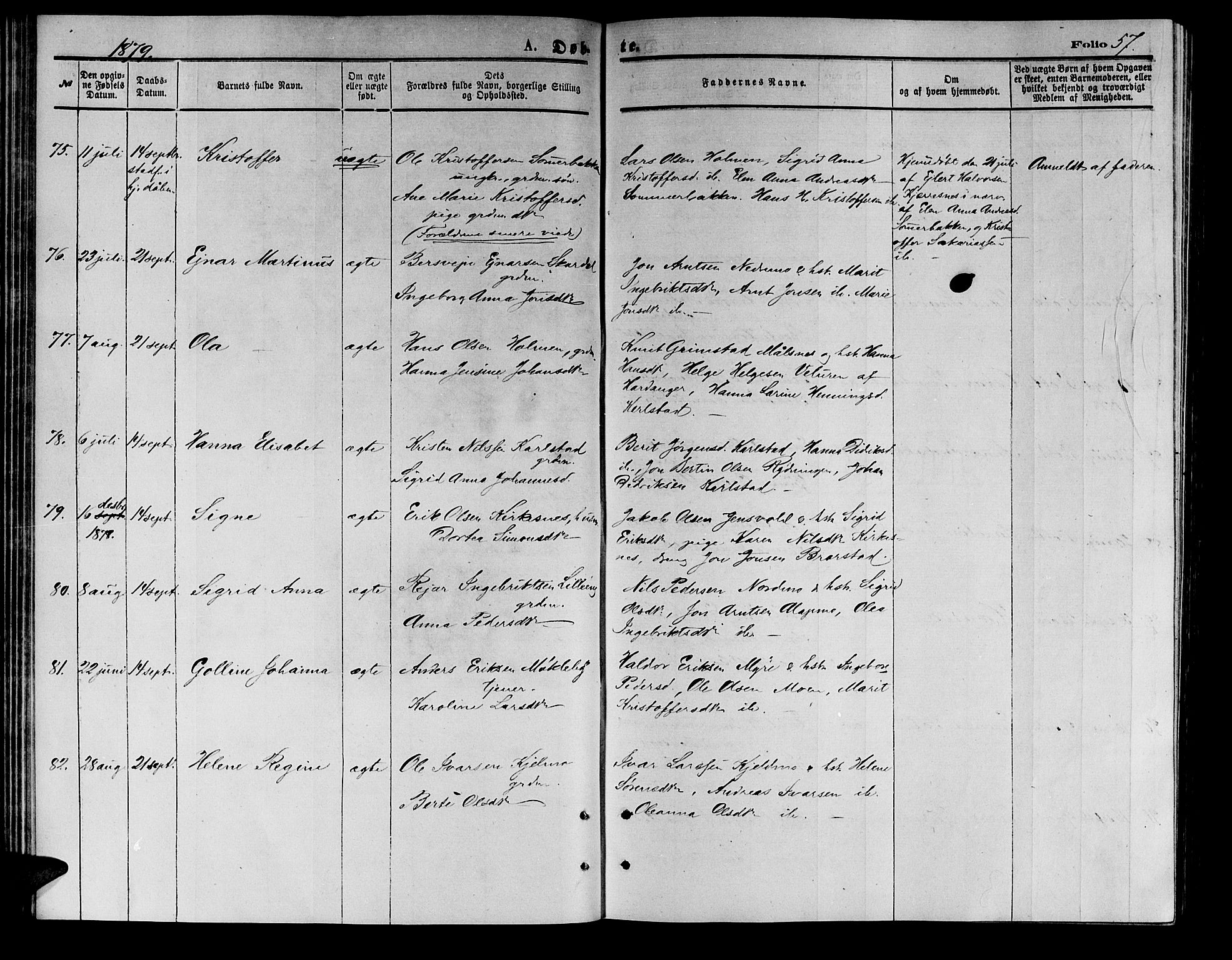 Målselv sokneprestembete, AV/SATØ-S-1311/G/Ga/Gab/L0003klokker: Klokkerbok nr. 3, 1874-1885, s. 57