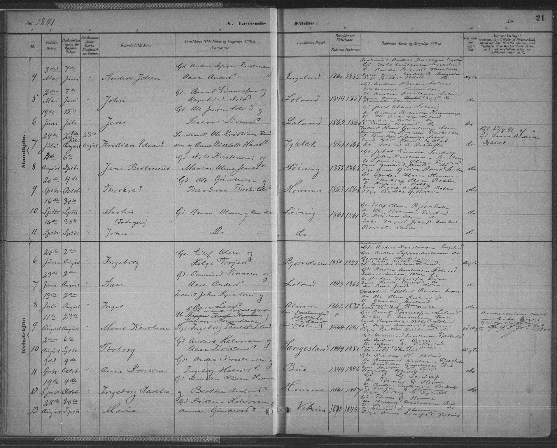 Vennesla sokneprestkontor, AV/SAK-1111-0045/Fa/Fac/L0009: Ministerialbok nr. A 9, 1884-1901, s. 21