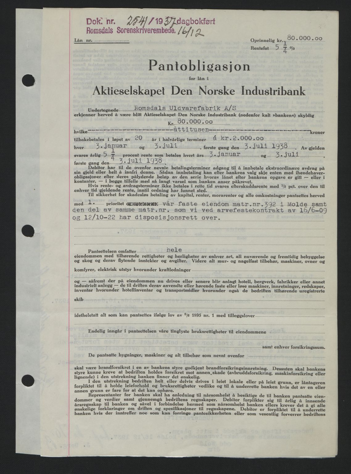 Romsdal sorenskriveri, SAT/A-4149/1/2/2C: Pantebok nr. B1, 1936-1939, Dagboknr: 2541/1937