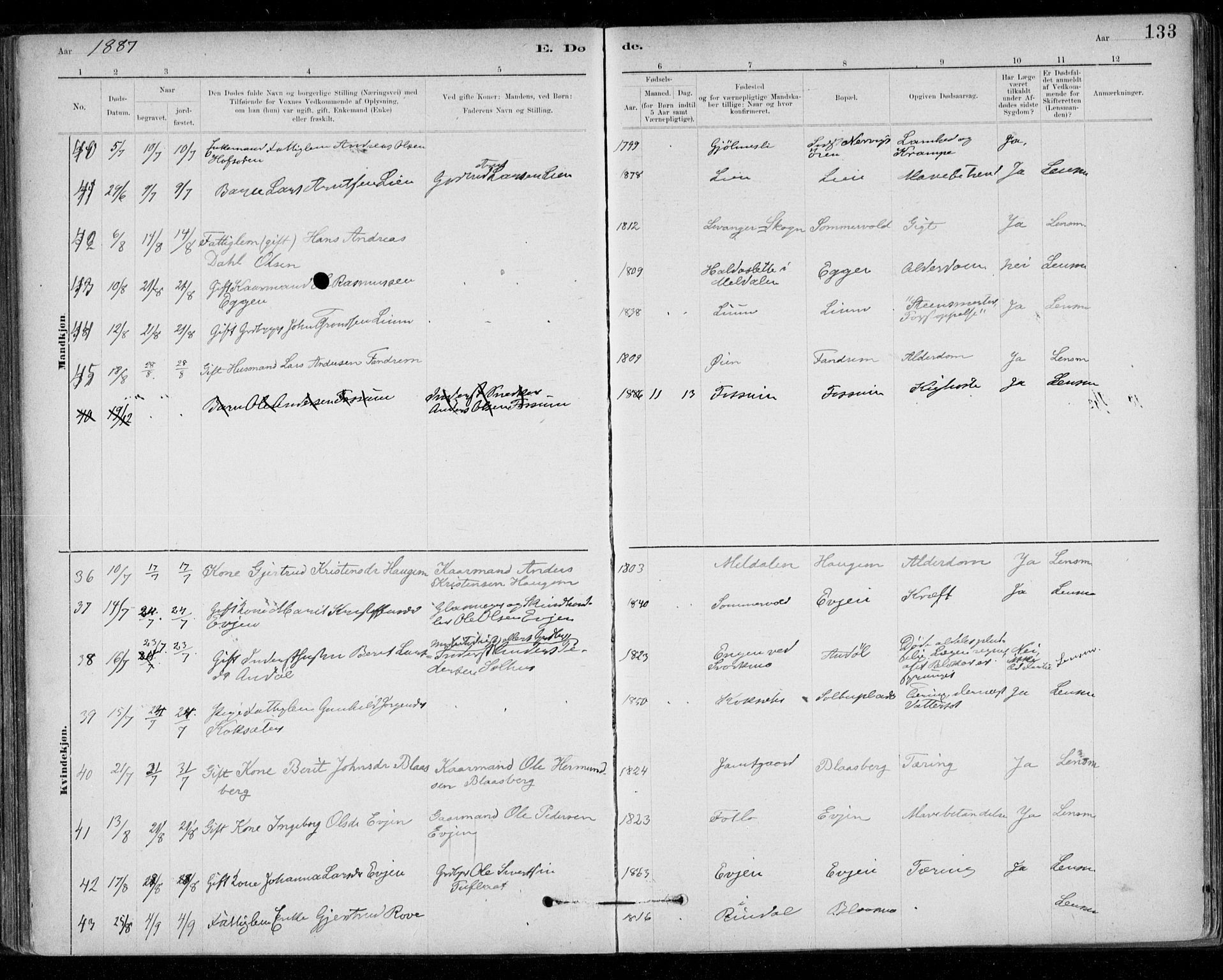 Ministerialprotokoller, klokkerbøker og fødselsregistre - Sør-Trøndelag, AV/SAT-A-1456/668/L0810: Ministerialbok nr. 668A10, 1881-1894, s. 133