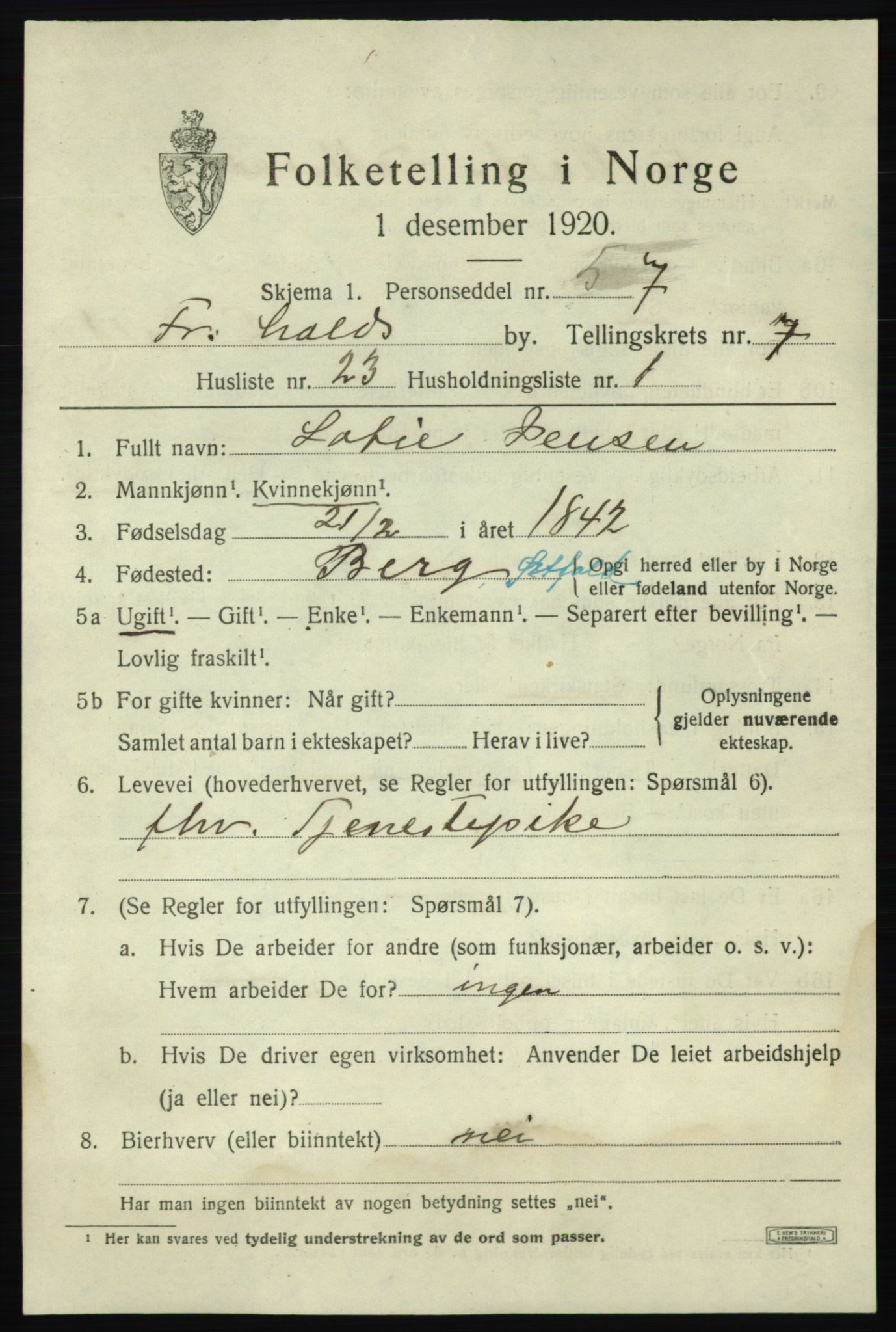 SAO, Folketelling 1920 for 0101 Fredrikshald kjøpstad, 1920, s. 14354