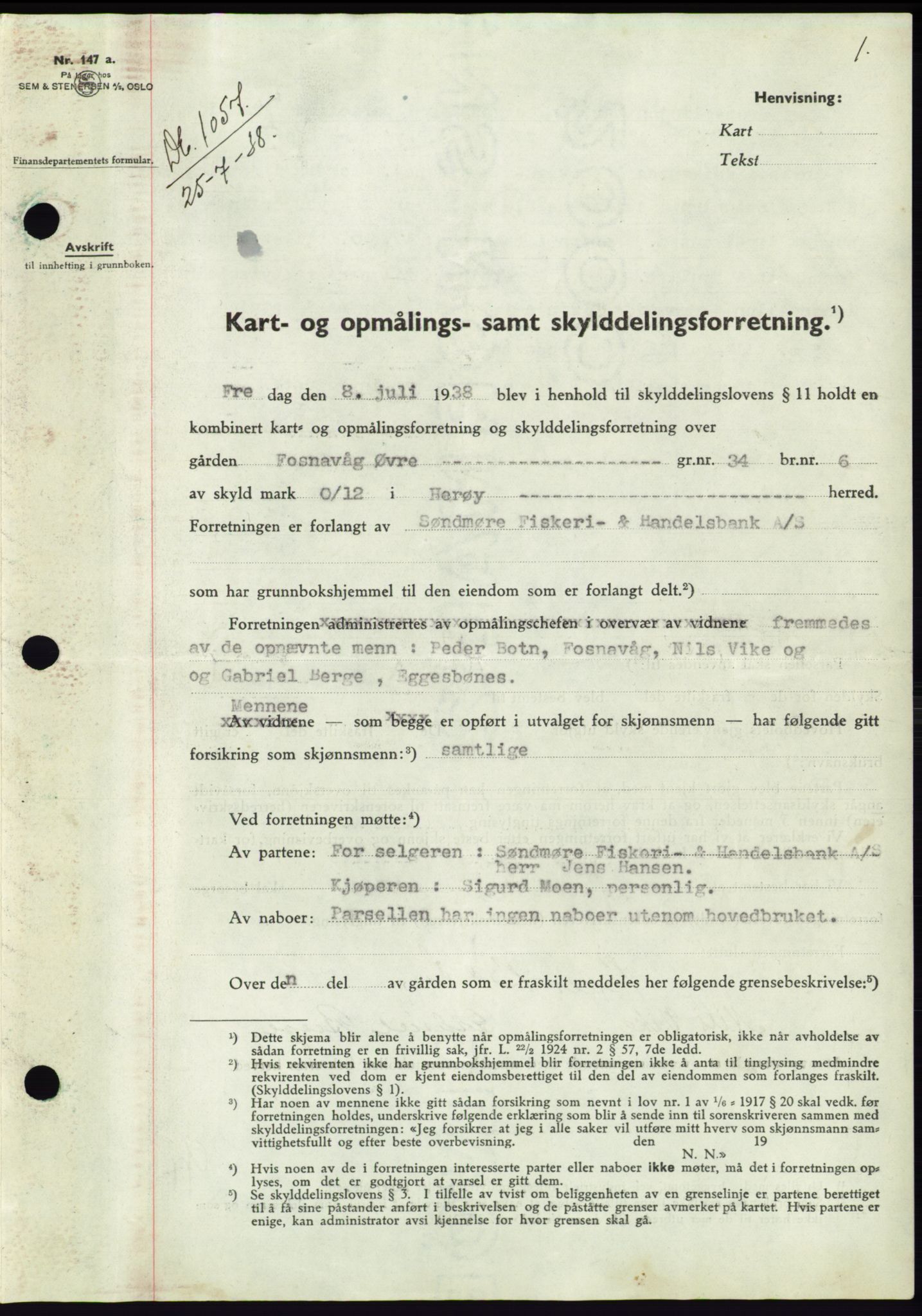 Søre Sunnmøre sorenskriveri, AV/SAT-A-4122/1/2/2C/L0066: Pantebok nr. 60, 1938-1938, Dagboknr: 1057/1938