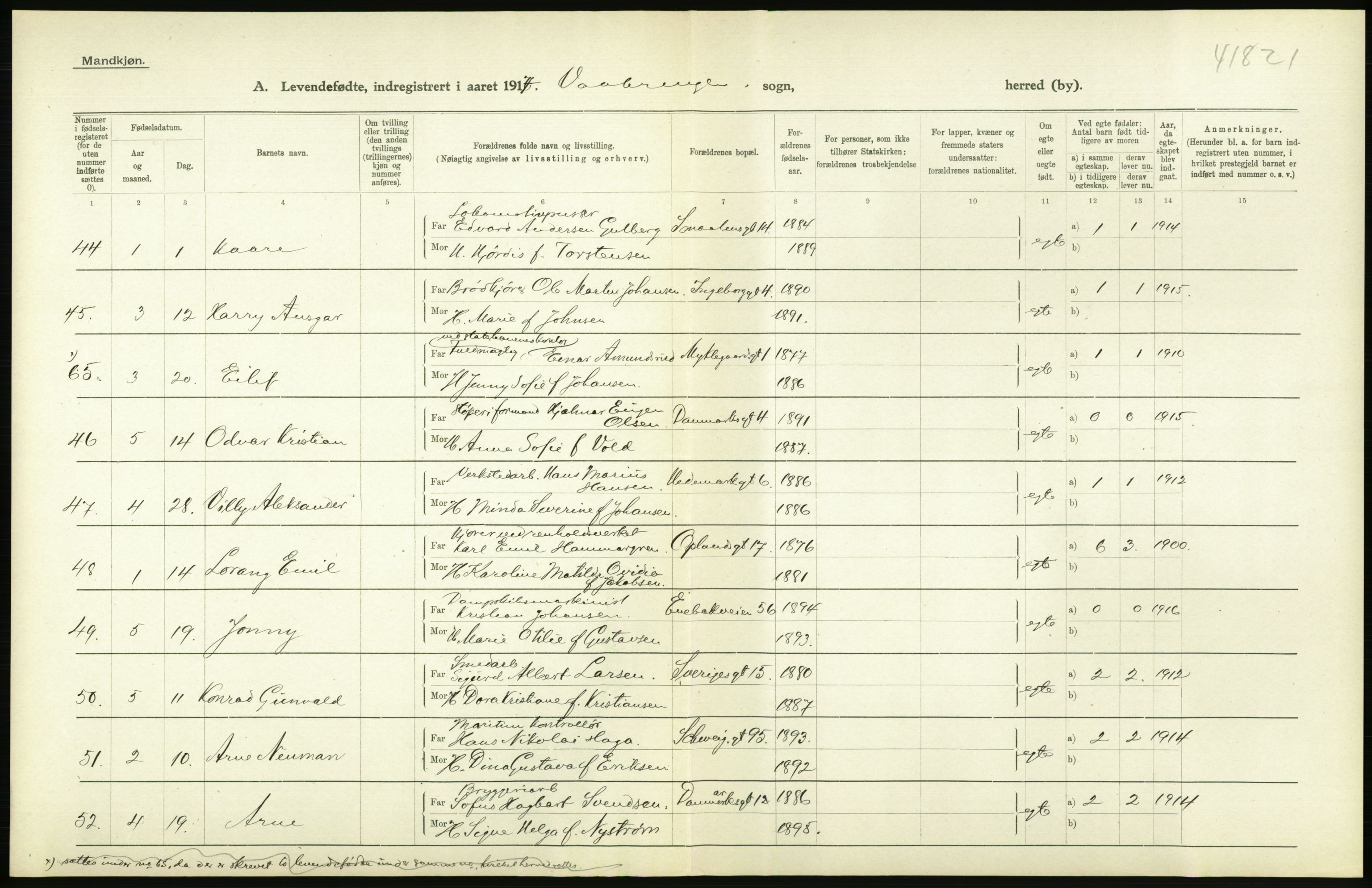 Statistisk sentralbyrå, Sosiodemografiske emner, Befolkning, AV/RA-S-2228/D/Df/Dfb/Dfbg/L0006: Kristiania: Levendefødte menn og kvinner., 1917, s. 326