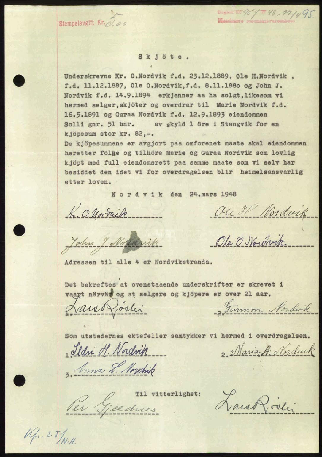 Nordmøre sorenskriveri, SAT/A-4132/1/2/2Ca: Pantebok nr. A108, 1948-1948, Dagboknr: 907/1948