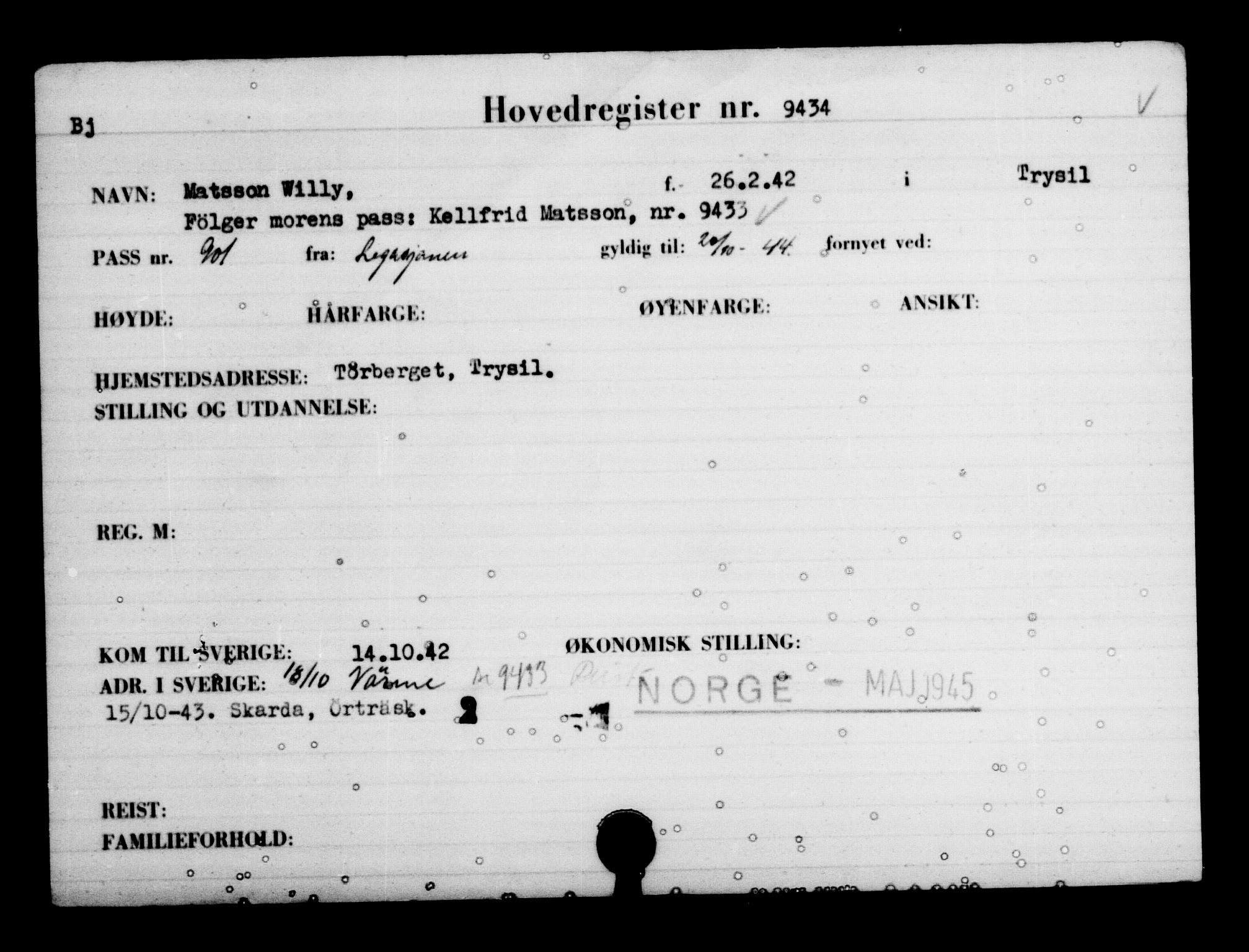 Utenriksstasjonene, Legasjonen i Stockholm, Flyktningkontoret, AV/RA-S-6753/V/Va/L0006: Kjesäterkartoteket, flyktninger med registreringsnr. 9400-12711, 1940-1945, s. 38