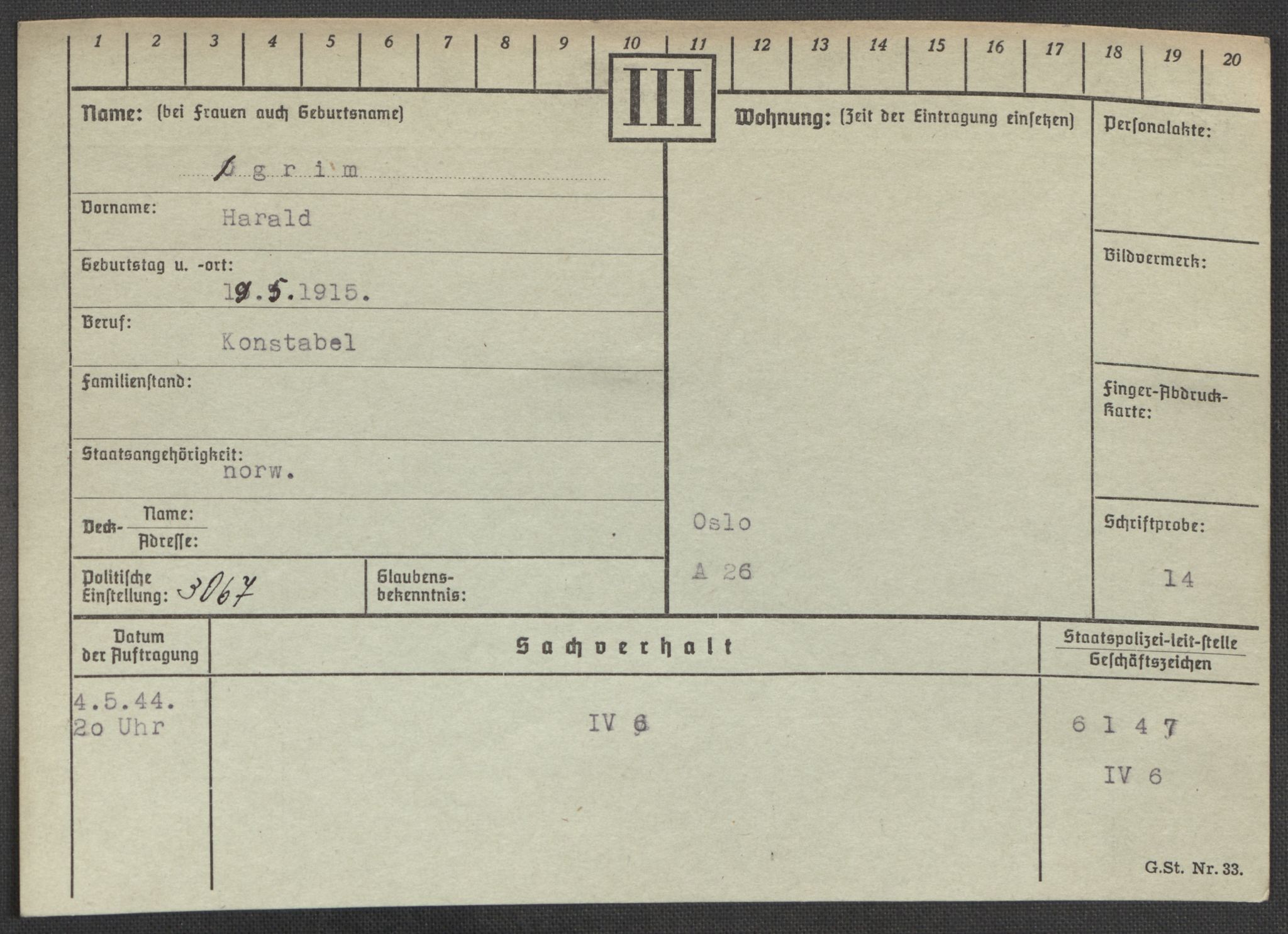 Befehlshaber der Sicherheitspolizei und des SD, RA/RAFA-5969/E/Ea/Eaa/L0010: Register over norske fanger i Møllergata 19: Sø-Å, 1940-1945, s. 1238