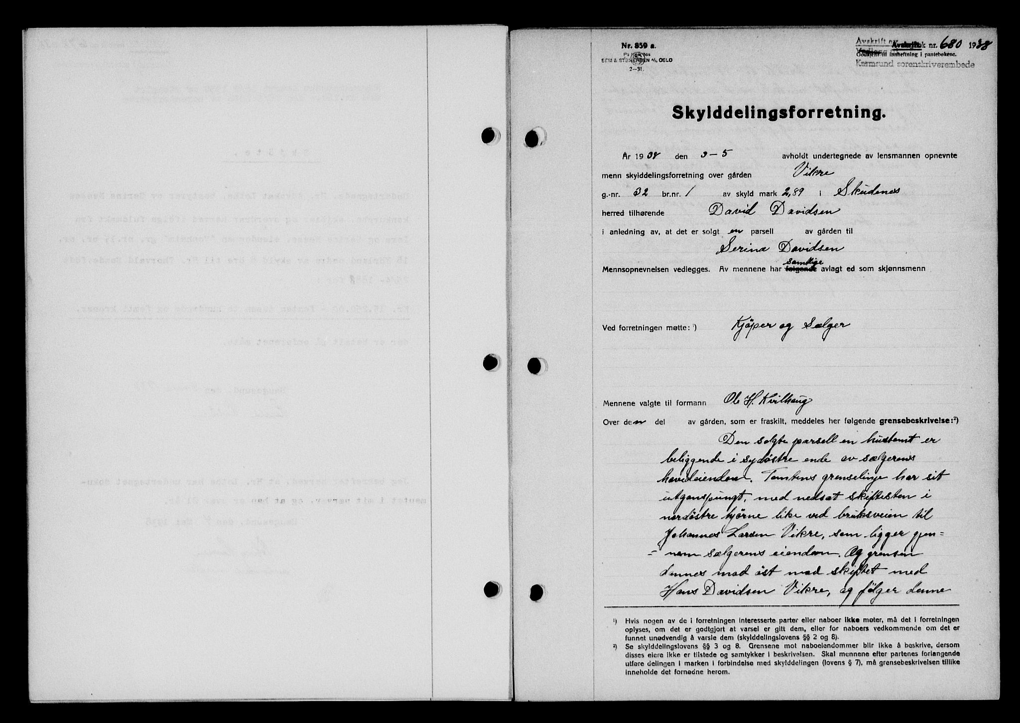 Karmsund sorenskriveri, SAST/A-100311/01/II/IIB/L0069: Pantebok nr. 50A, 1937-1938, Dagboknr: 680/1938