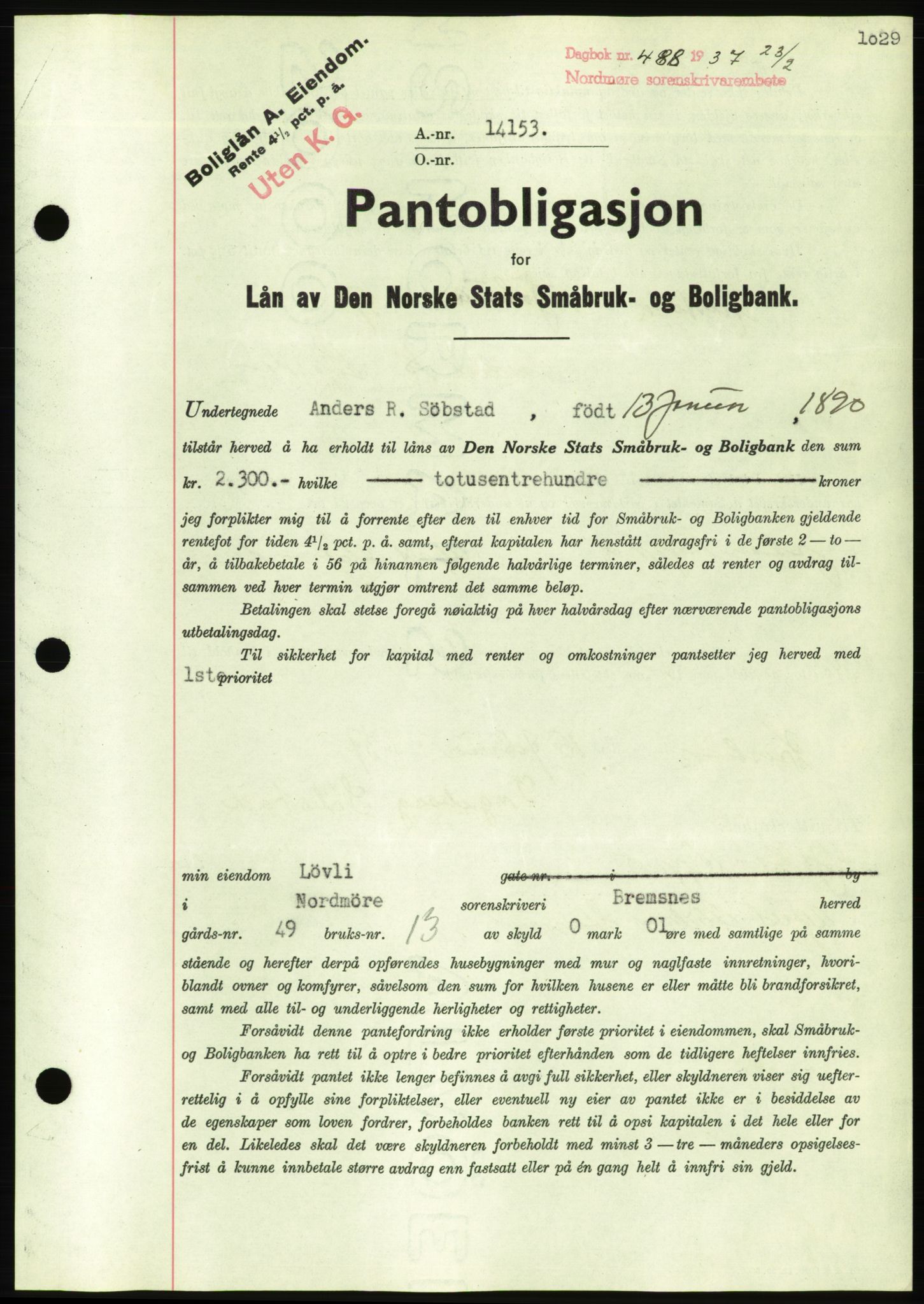 Nordmøre sorenskriveri, AV/SAT-A-4132/1/2/2Ca/L0090: Pantebok nr. B80, 1936-1937, Dagboknr: 488/1937