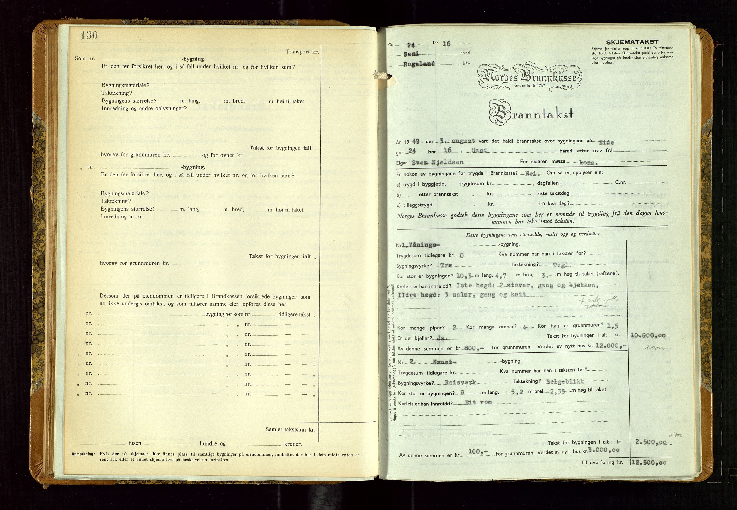 Sand lensmannskontor, AV/SAST-A-100415/Goc/L0002: "Brandtaxationsprotokol", 1936-1952, s. 130-131