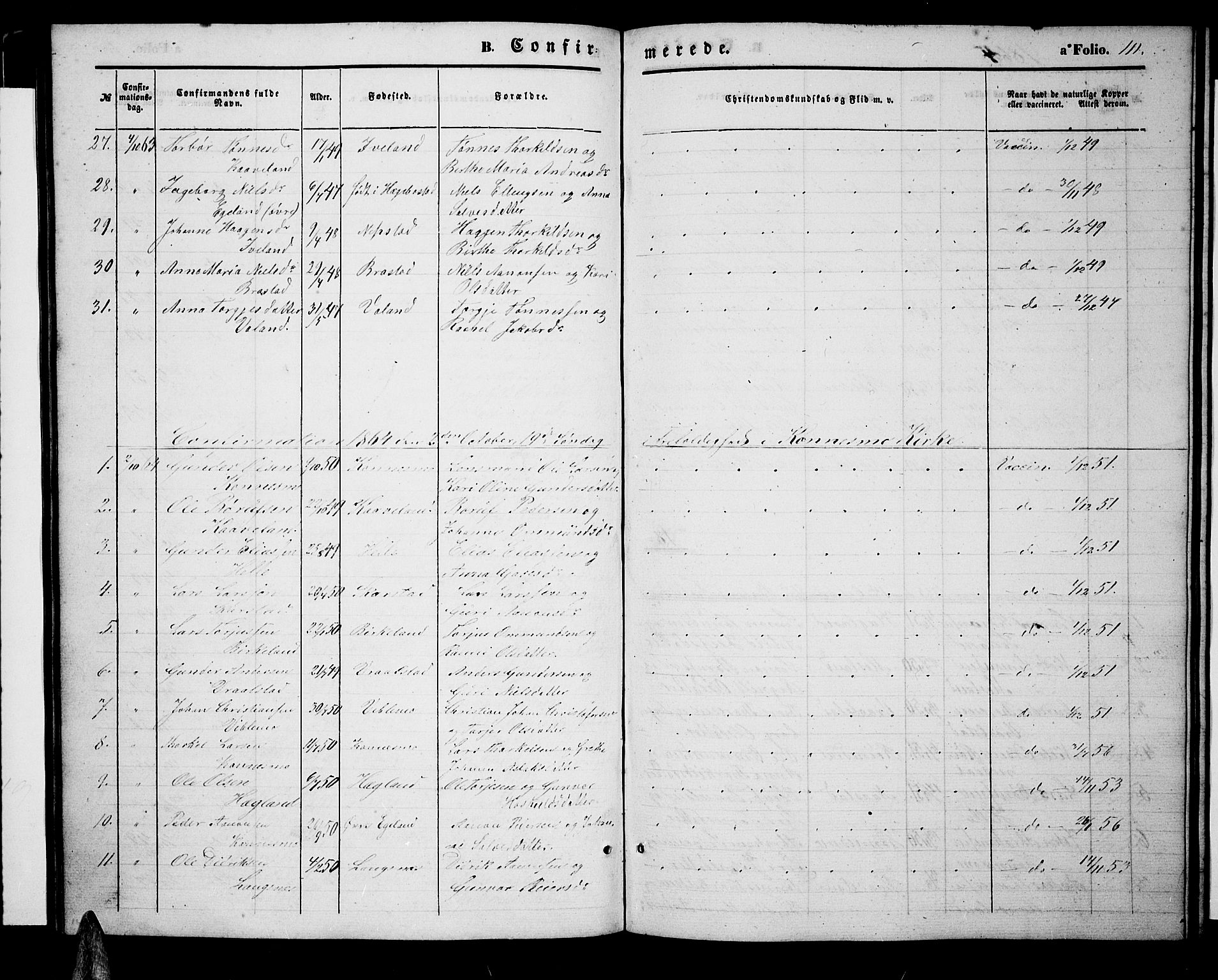 Nord-Audnedal sokneprestkontor, SAK/1111-0032/F/Fb/Fba/L0002: Klokkerbok nr. B 2, 1856-1882, s. 111