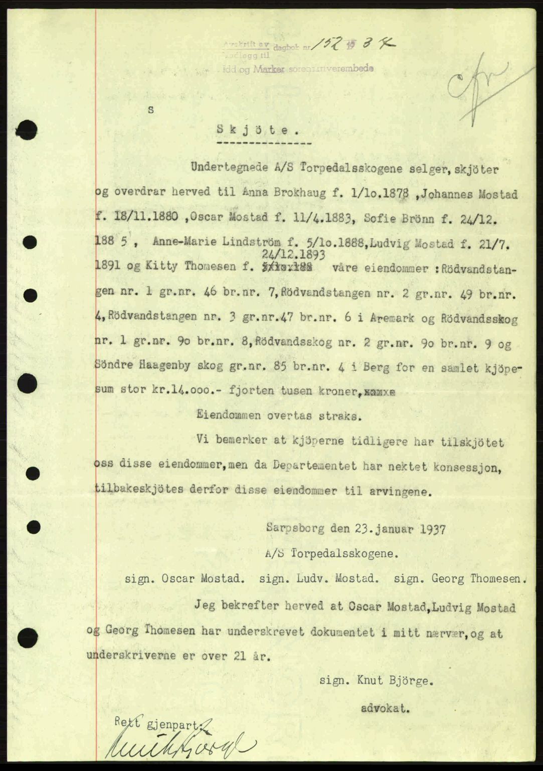 Idd og Marker sorenskriveri, AV/SAO-A-10283/G/Gb/Gbb/L0001: Pantebok nr. A1, 1936-1937, Dagboknr: 152/1937