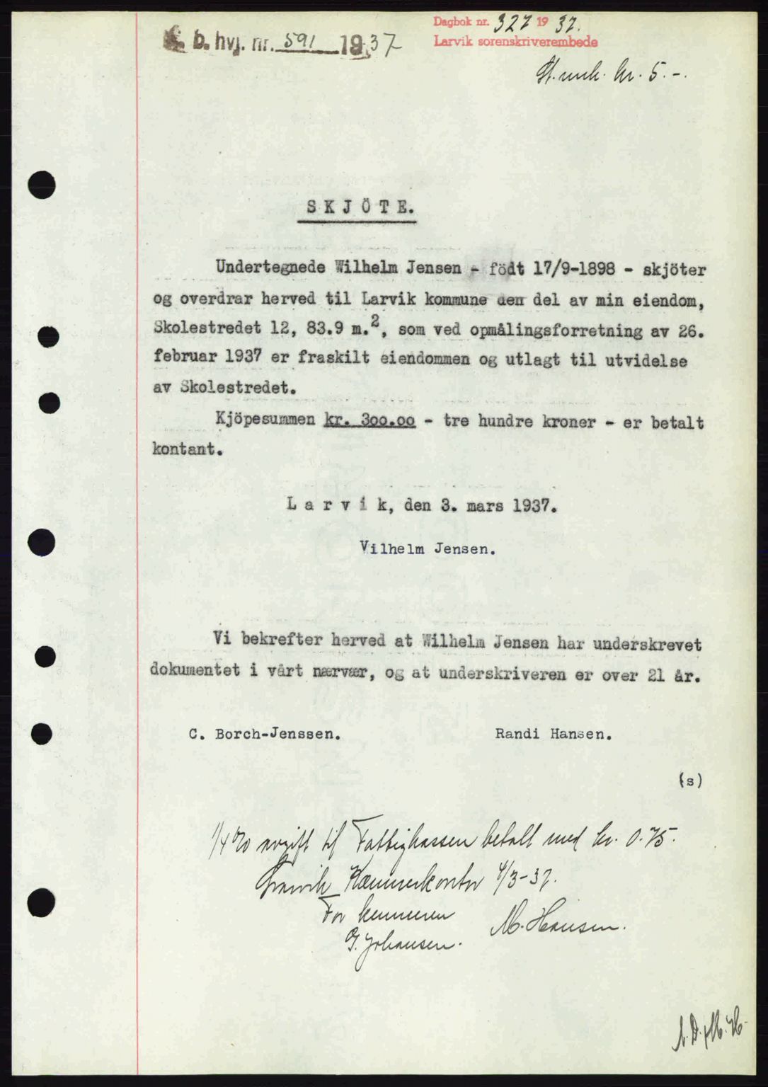 Larvik sorenskriveri, SAKO/A-83/G/Ga/Gab/L0067: Pantebok nr. A-1, 1936-1937, Dagboknr: 327/1937