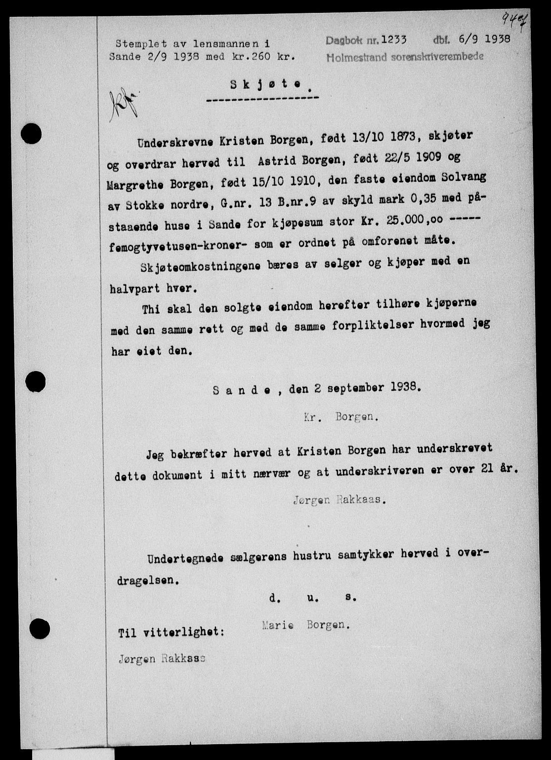 Holmestrand sorenskriveri, SAKO/A-67/G/Ga/Gaa/L0049: Pantebok nr. A-49, 1937-1938, Dagboknr: 1233/1938