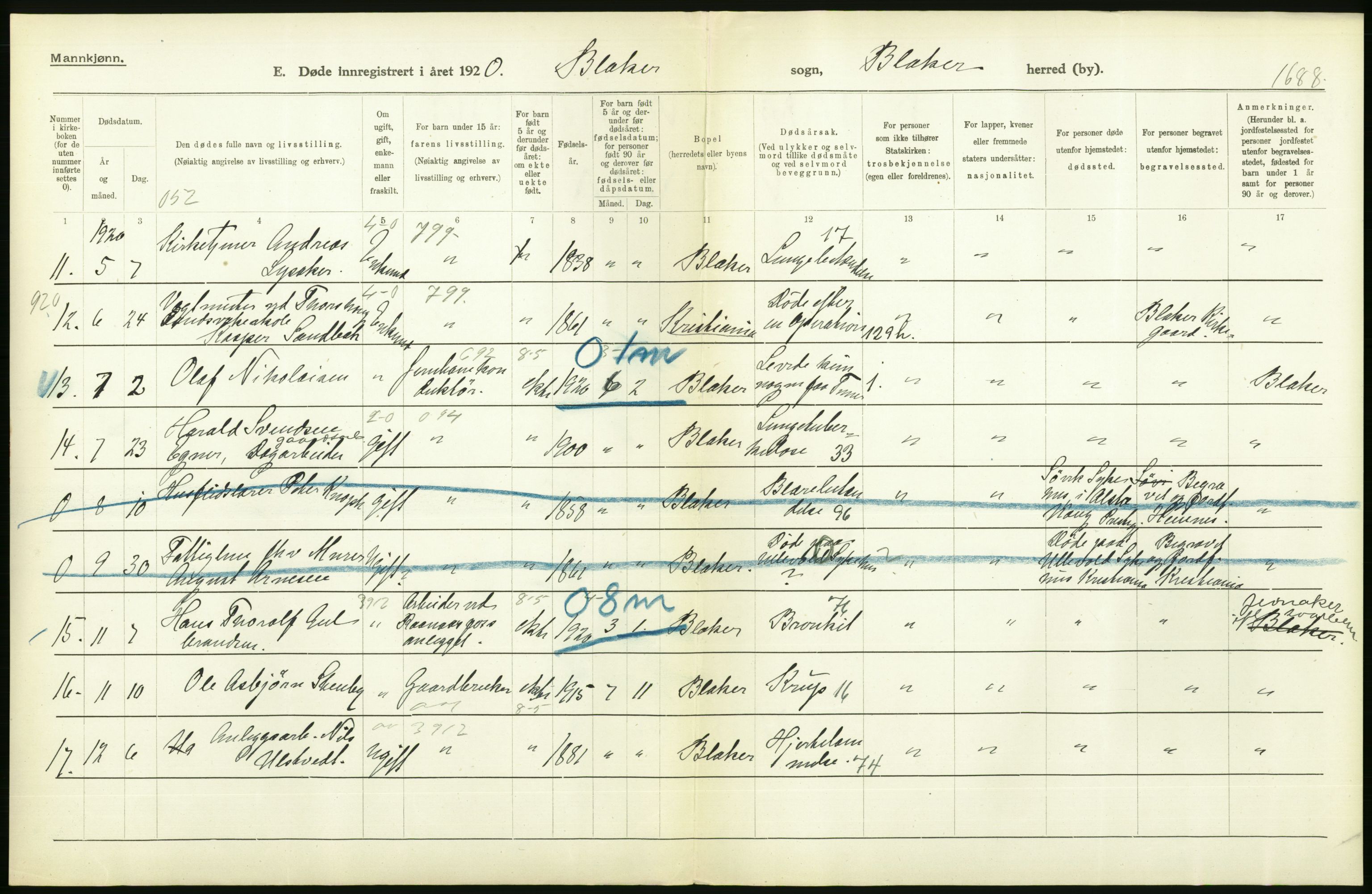 Statistisk sentralbyrå, Sosiodemografiske emner, Befolkning, RA/S-2228/D/Df/Dfb/Dfbj/L0007: Akershus fylke: Døde. Bygder og byer., 1920, s. 138