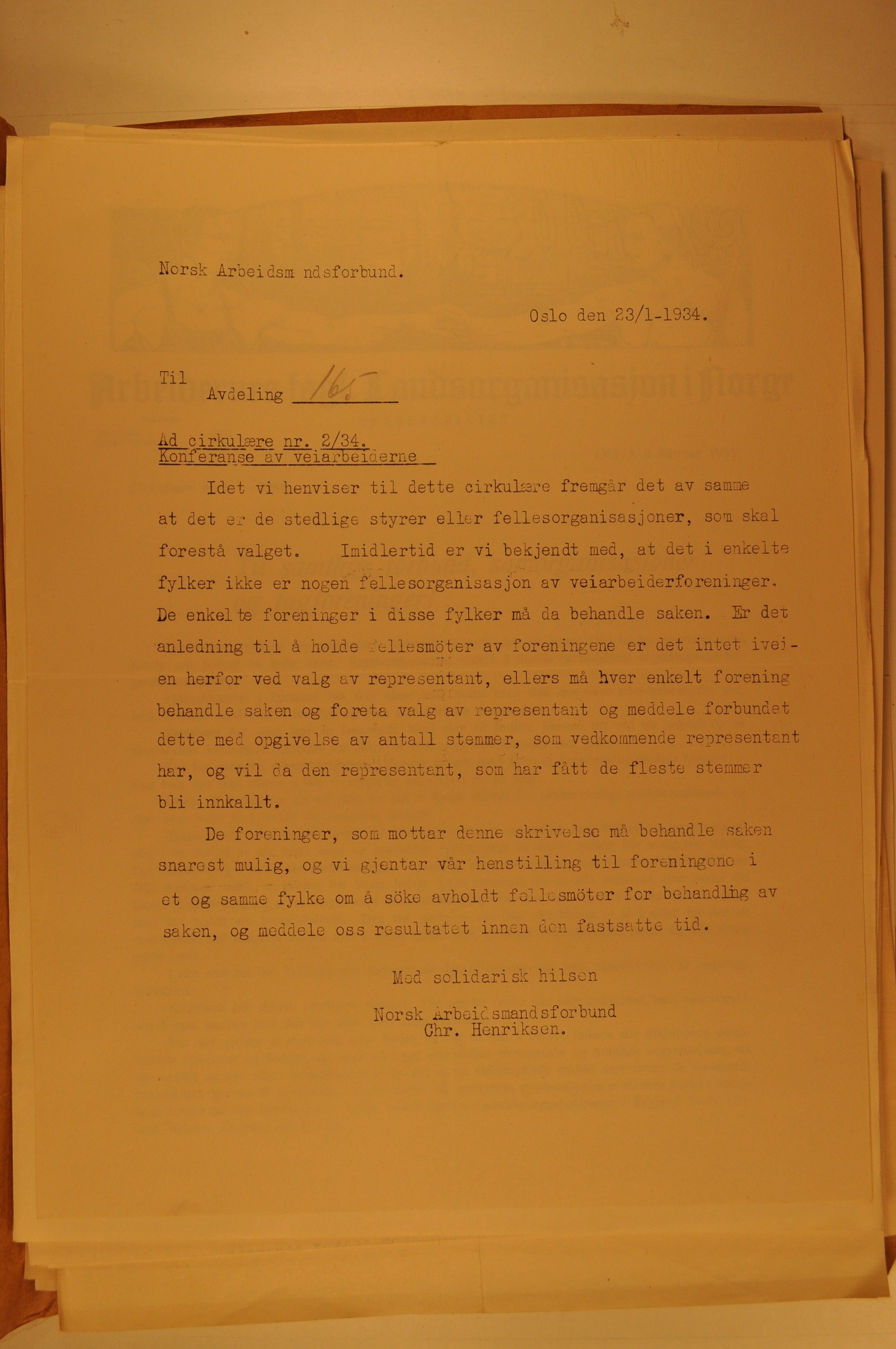 Hadeland Veiarbeiderforening, OARM/H-A-00304/D/Da/L0001/0004: Sakspapirer / Sakspapirer, 1934