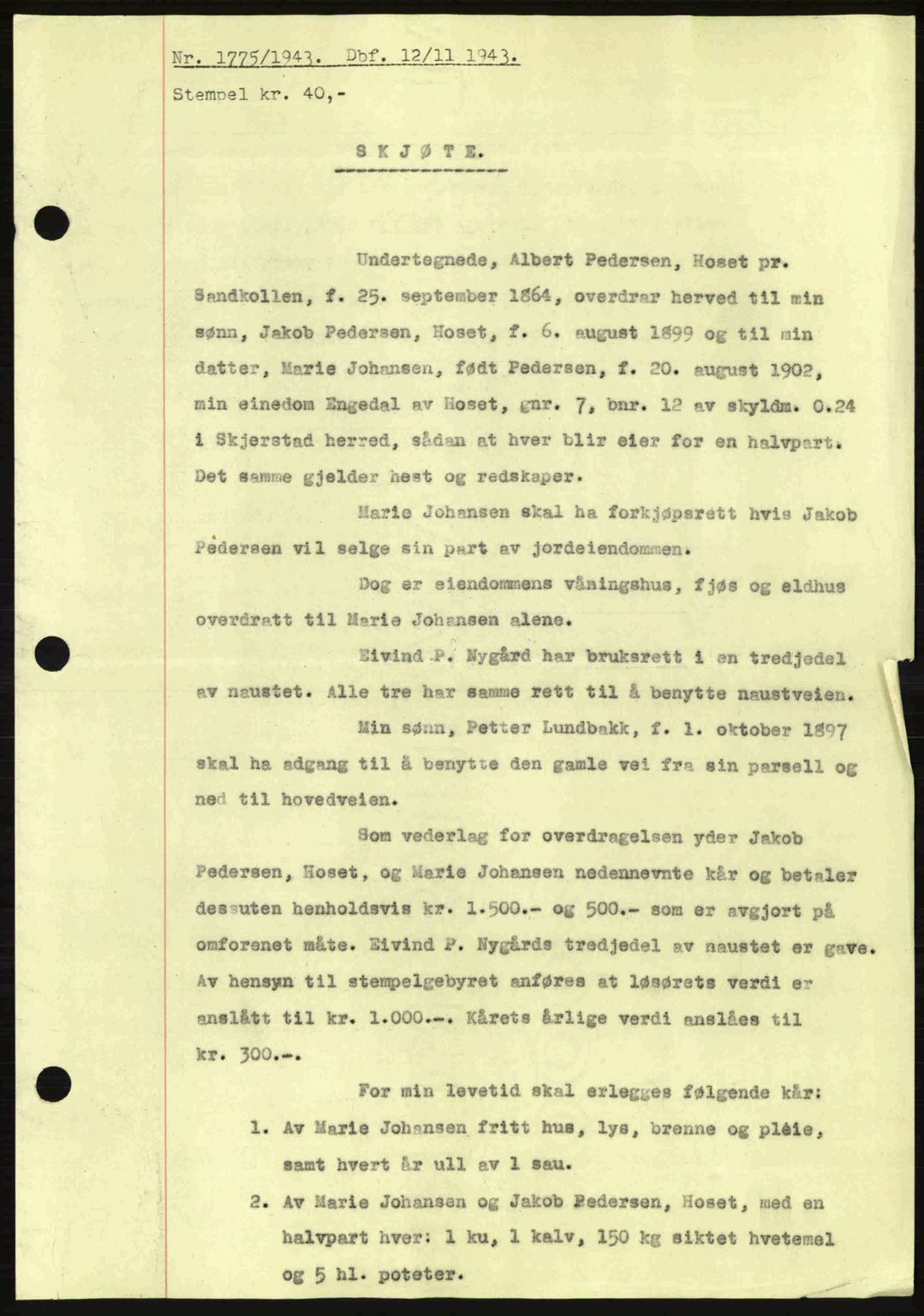 Salten sorenskriveri, SAT/A-4578/1/2/2C: Pantebok nr. A14-15, 1943-1945, Dagboknr: 1775/1943