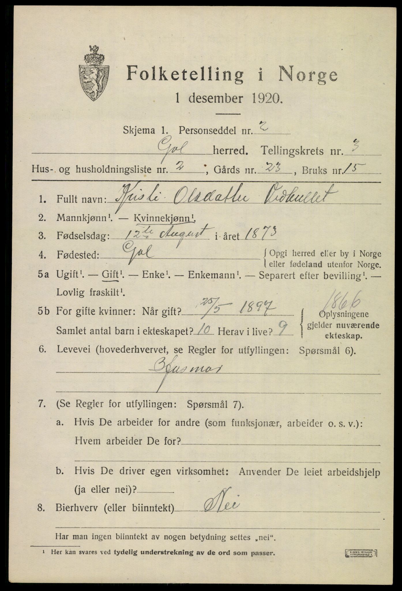 SAKO, Folketelling 1920 for 0617 Gol herred, 1920, s. 2192