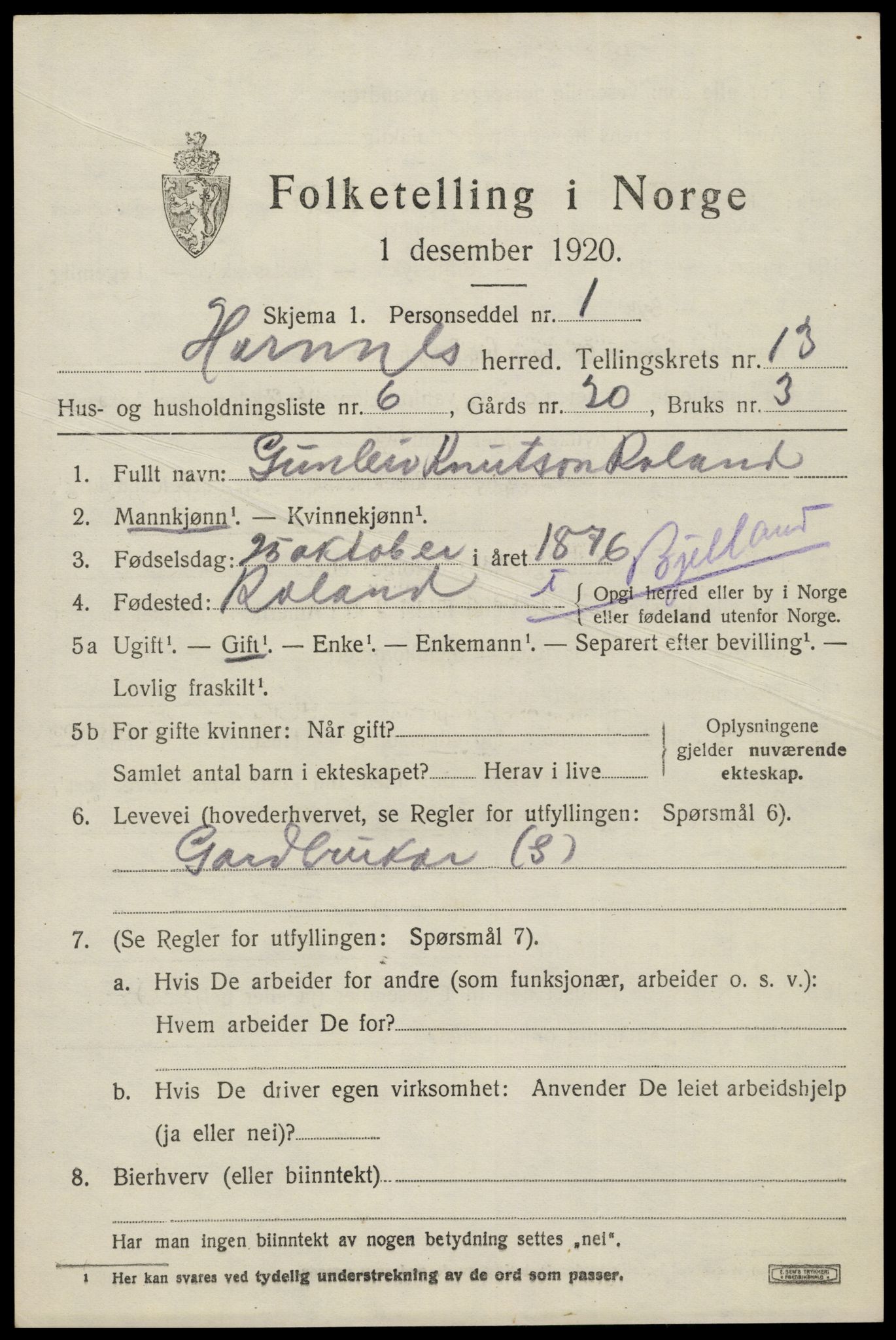 SAK, Folketelling 1920 for 0936 Hornnes herred, 1920, s. 3123