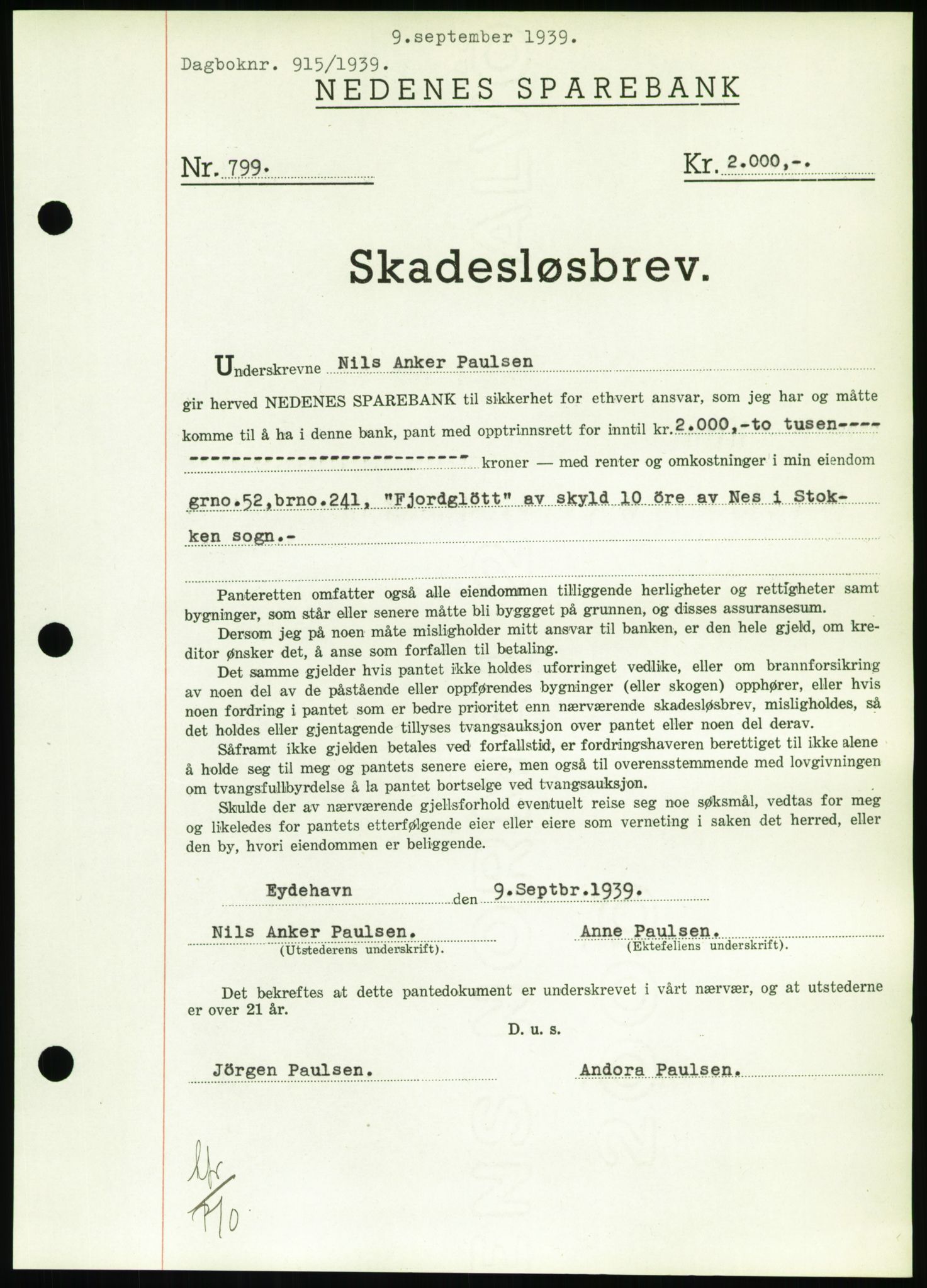 Nedenes sorenskriveri, AV/SAK-1221-0006/G/Gb/Gbb/L0001: Pantebok nr. I, 1939-1942, Dagboknr: 915/1939