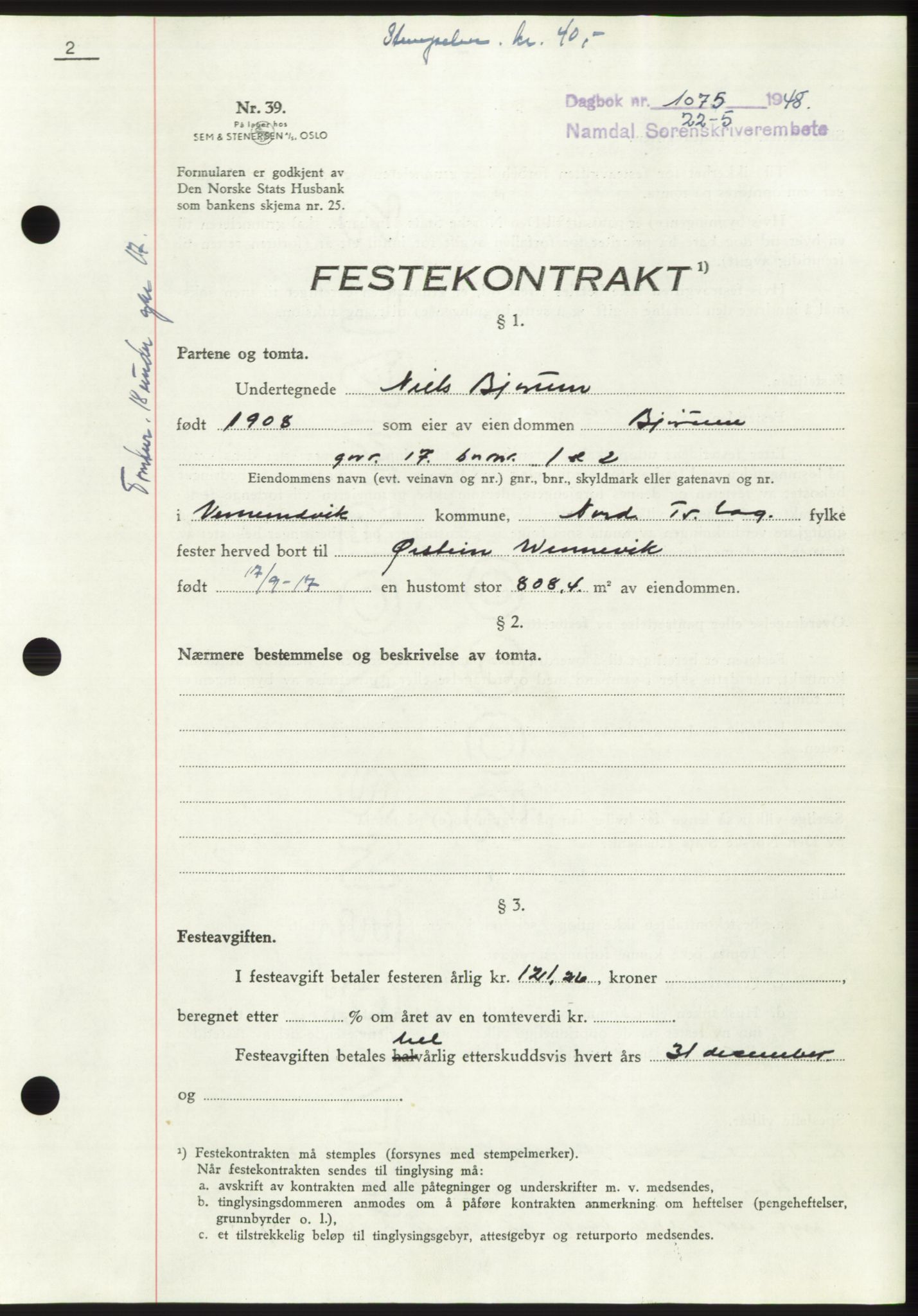 Namdal sorenskriveri, SAT/A-4133/1/2/2C: Pantebok nr. -, 1947-1948, Dagboknr: 1075/1948