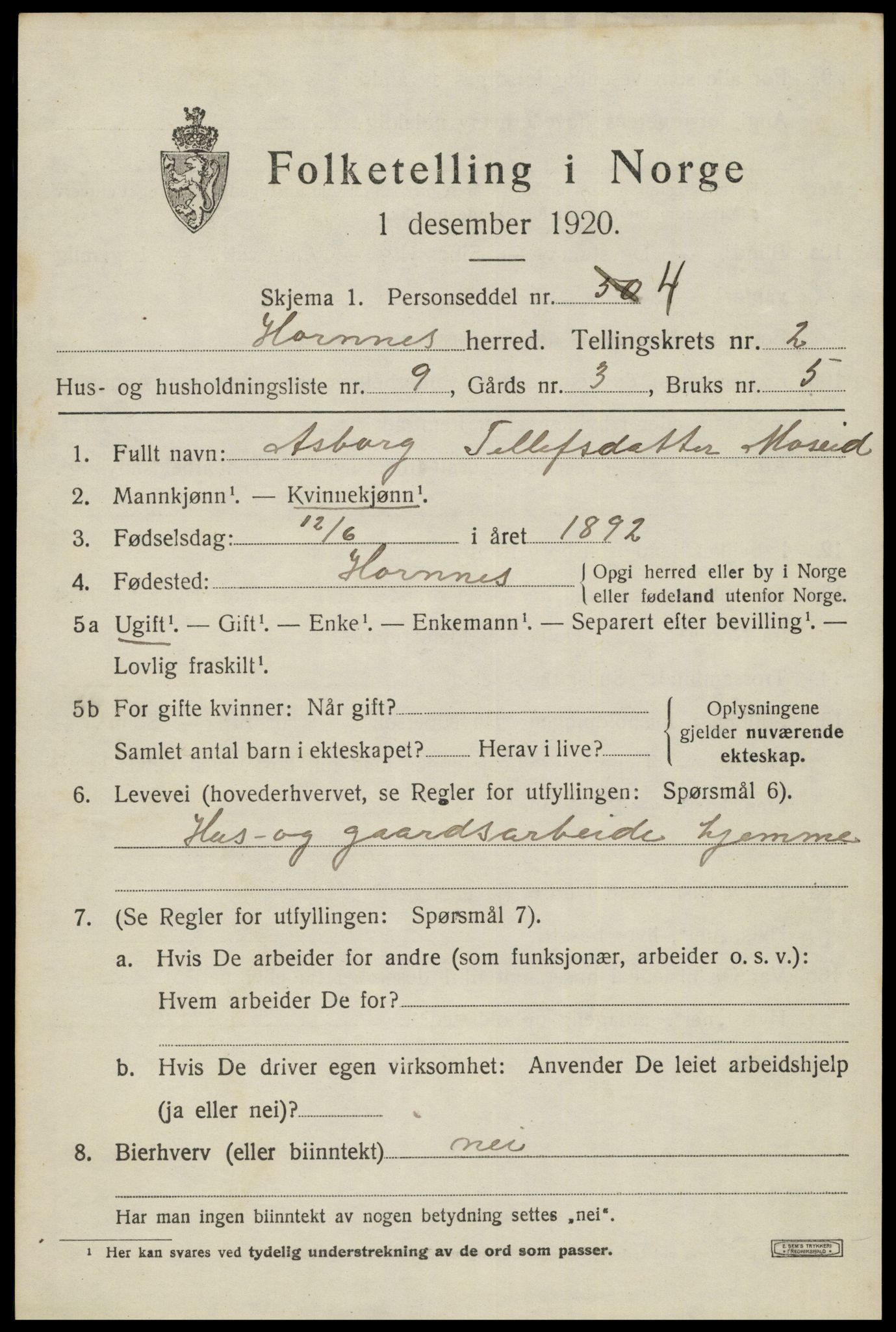 SAK, Folketelling 1920 for 0936 Hornnes herred, 1920, s. 799