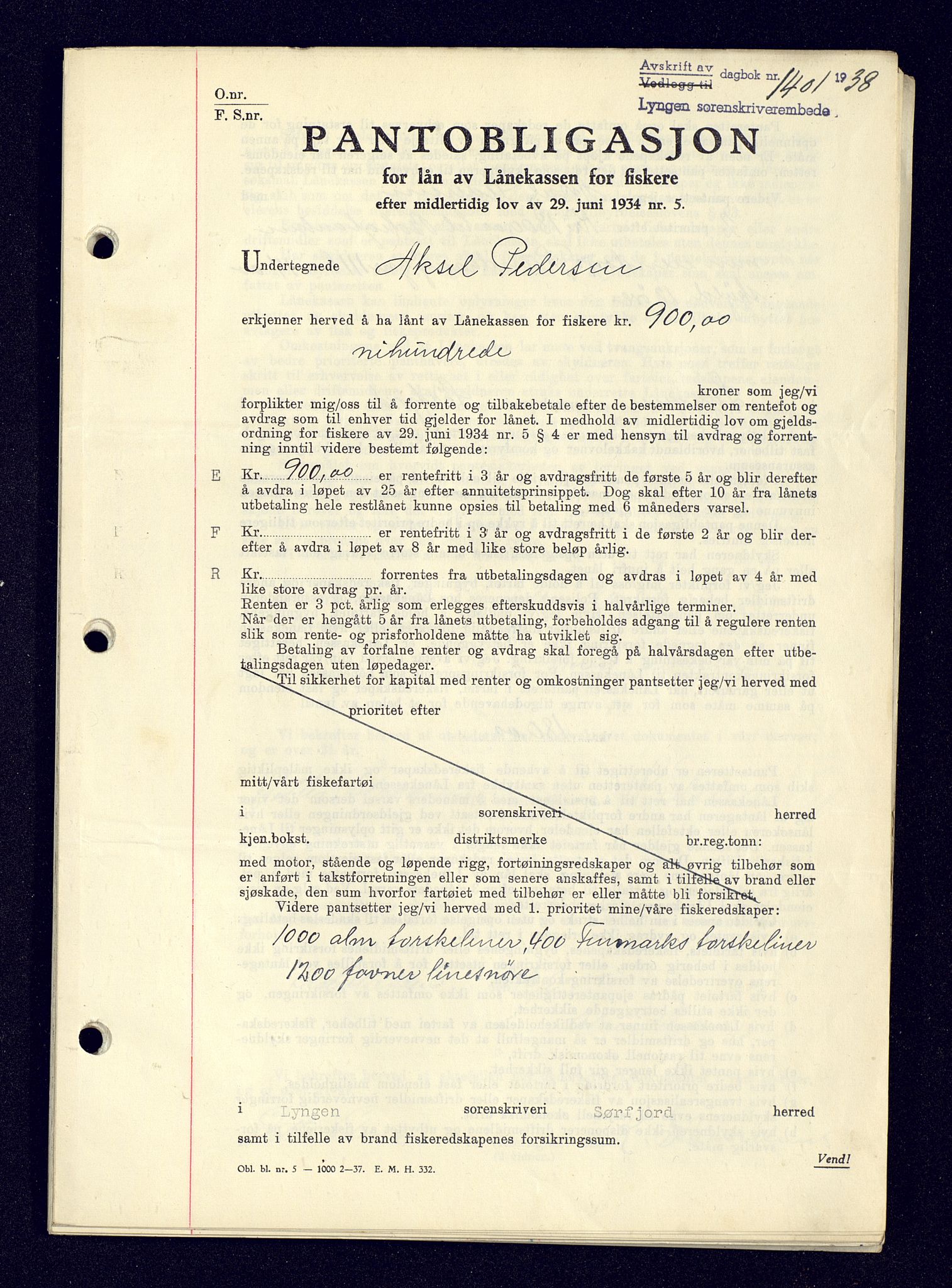 Lyngen sorenskriveri, AV/SATØ-SATØ-0052/1/G/Gf/L0001: Pantebok nr. B 25-31, 1936-1942, Dagboknr: 1401/1938