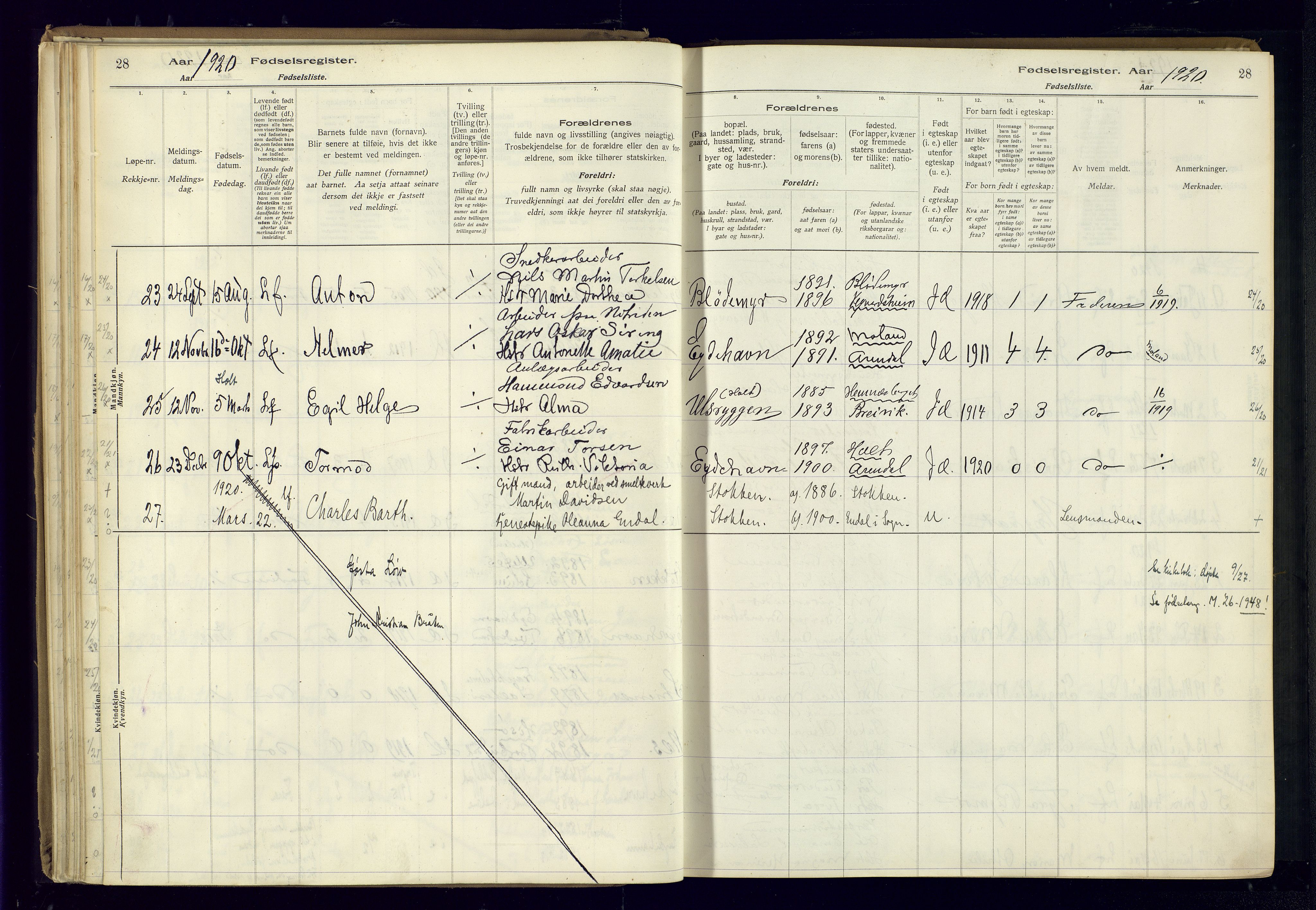 Austre Moland sokneprestkontor, AV/SAK-1111-0001/J/Ja/L0003: Fødselsregister nr. A-VI-27, 1916-1950, s. 28