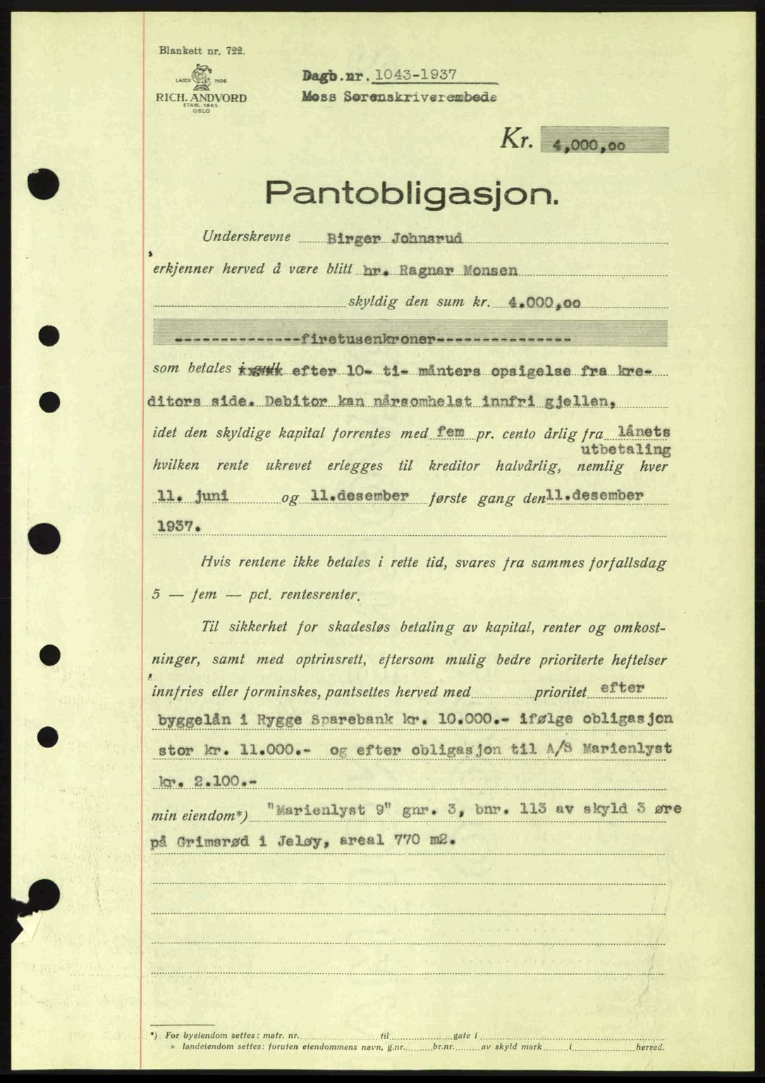 Moss sorenskriveri, SAO/A-10168: Pantebok nr. B3, 1937-1937, Dagboknr: 1043/1937