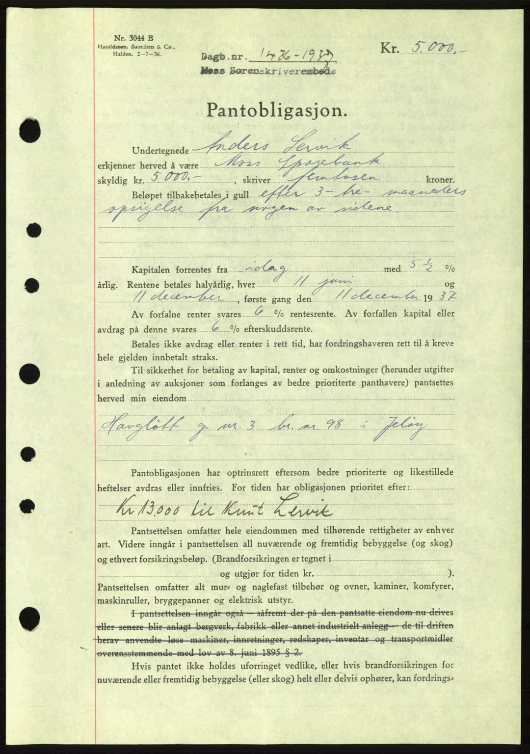Moss sorenskriveri, SAO/A-10168: Pantebok nr. B4, 1937-1938, Dagboknr: 1436/1937