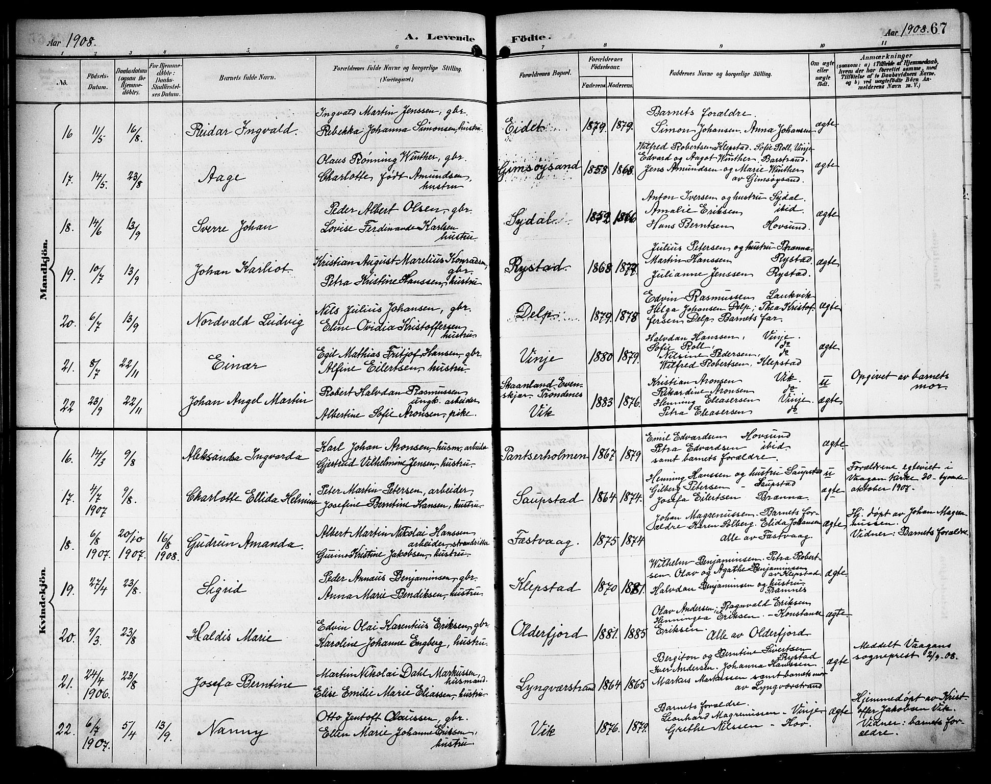 Ministerialprotokoller, klokkerbøker og fødselsregistre - Nordland, AV/SAT-A-1459/876/L1105: Klokkerbok nr. 876C04, 1896-1914, s. 67