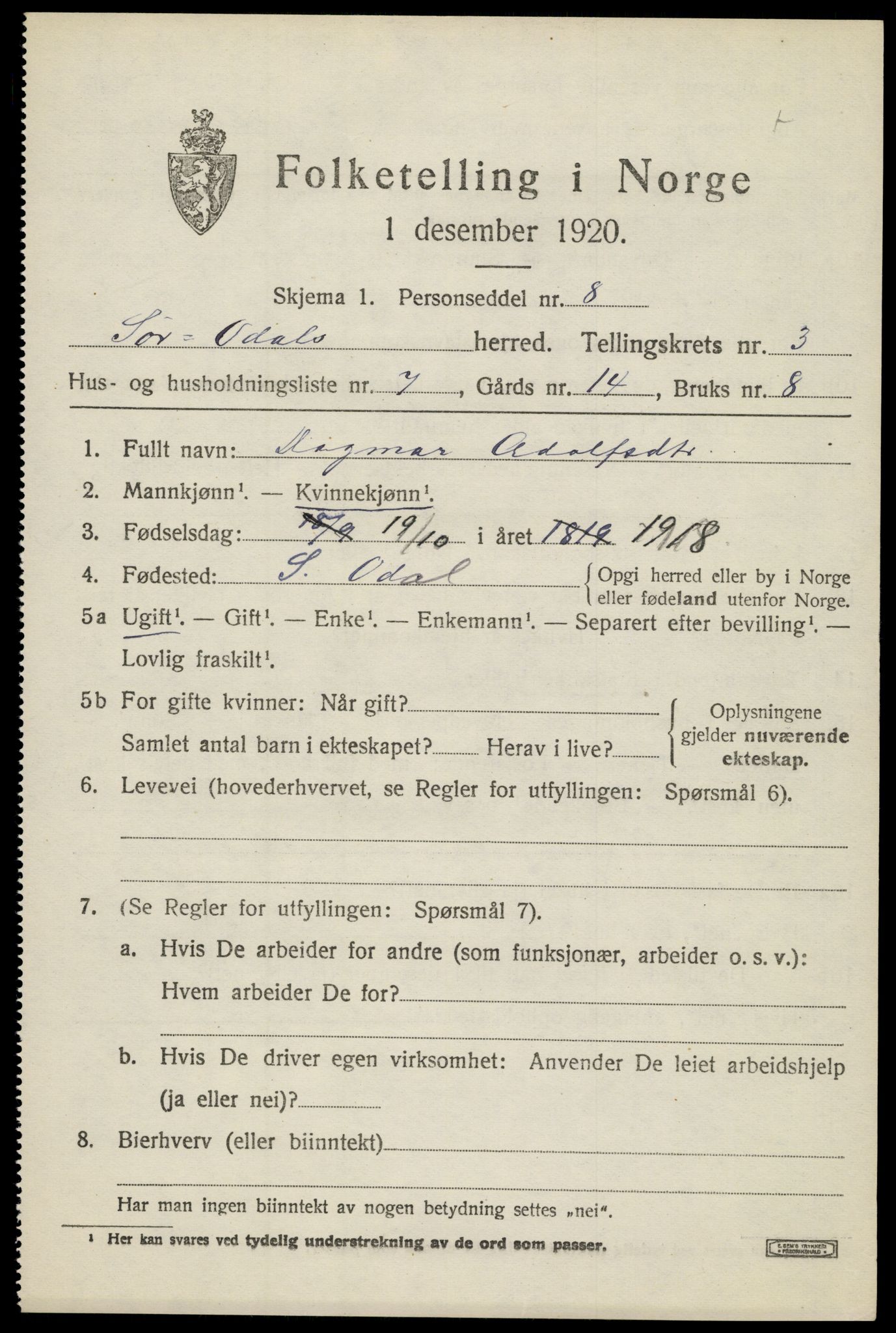SAH, Folketelling 1920 for 0419 Sør-Odal herred, 1920, s. 4333
