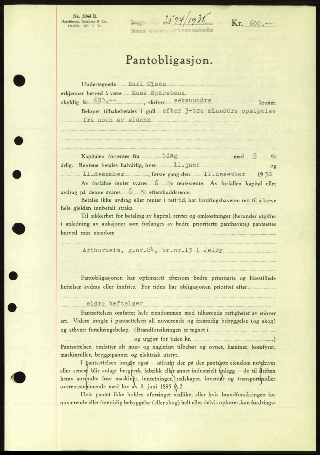 Moss sorenskriveri, SAO/A-10168: Pantebok nr. B6, 1938-1938, Dagboknr: 2594/1938