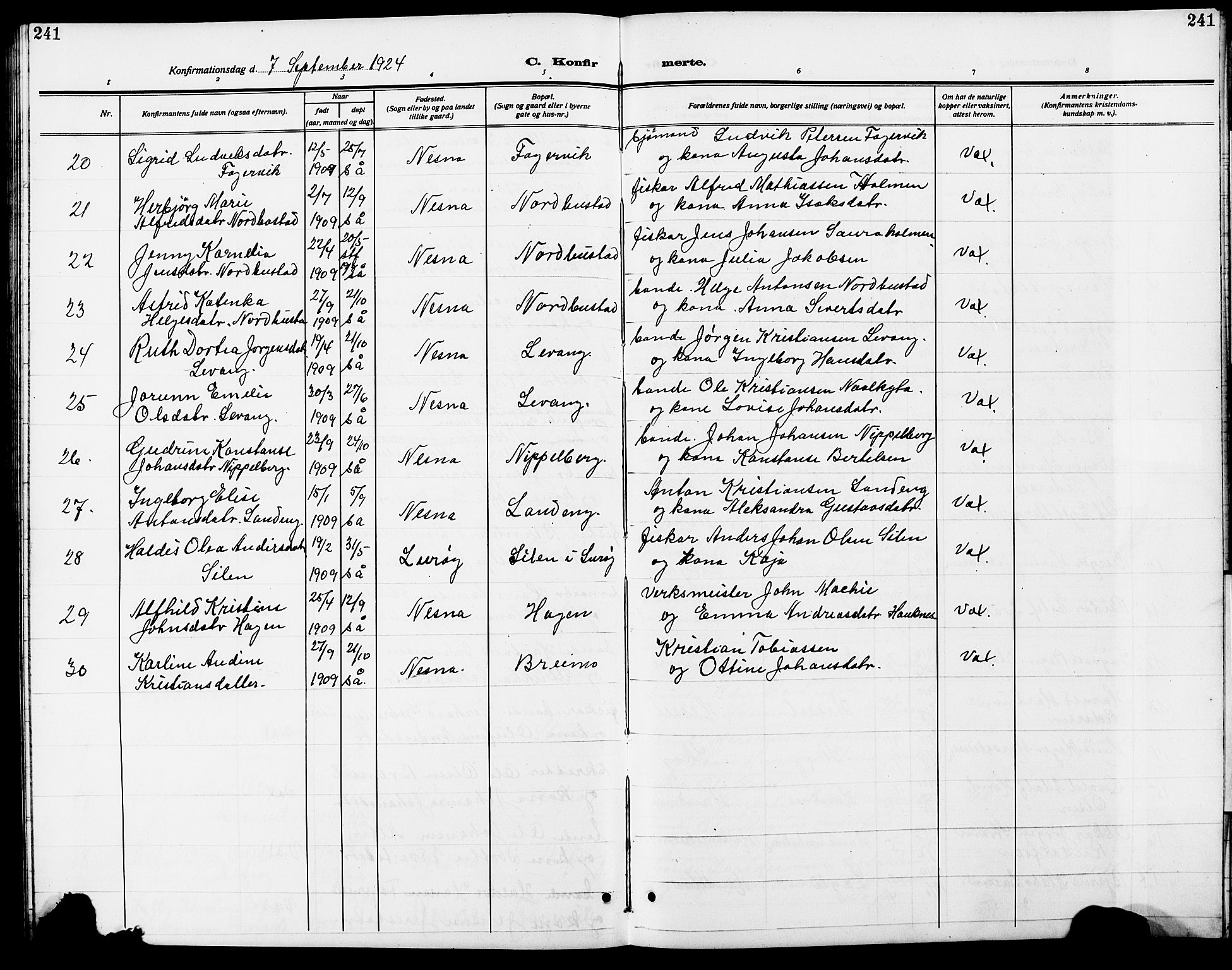 Ministerialprotokoller, klokkerbøker og fødselsregistre - Nordland, AV/SAT-A-1459/838/L0560: Klokkerbok nr. 838C07, 1910-1928, s. 241