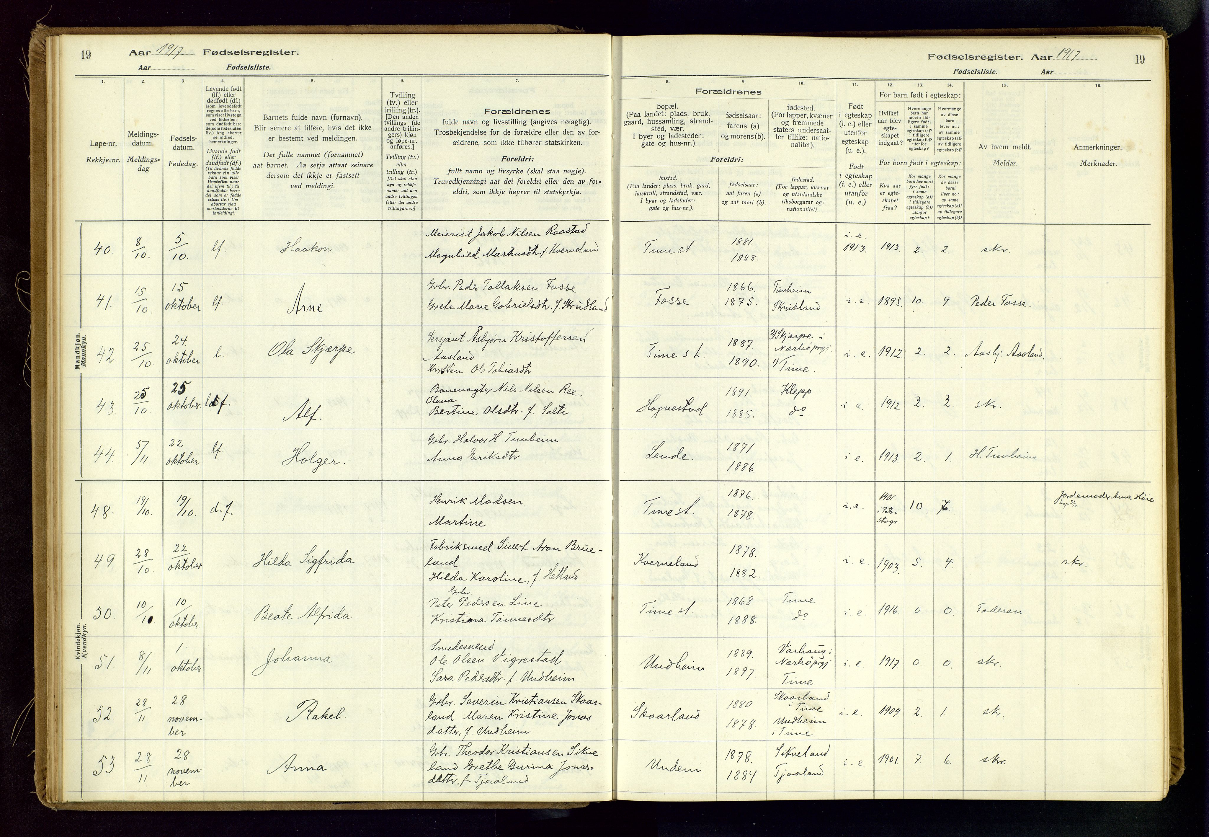 Time sokneprestkontor, AV/SAST-A-101795/001/704BA/L0001: Fødselsregister nr. 1, 1916-1934, s. 19