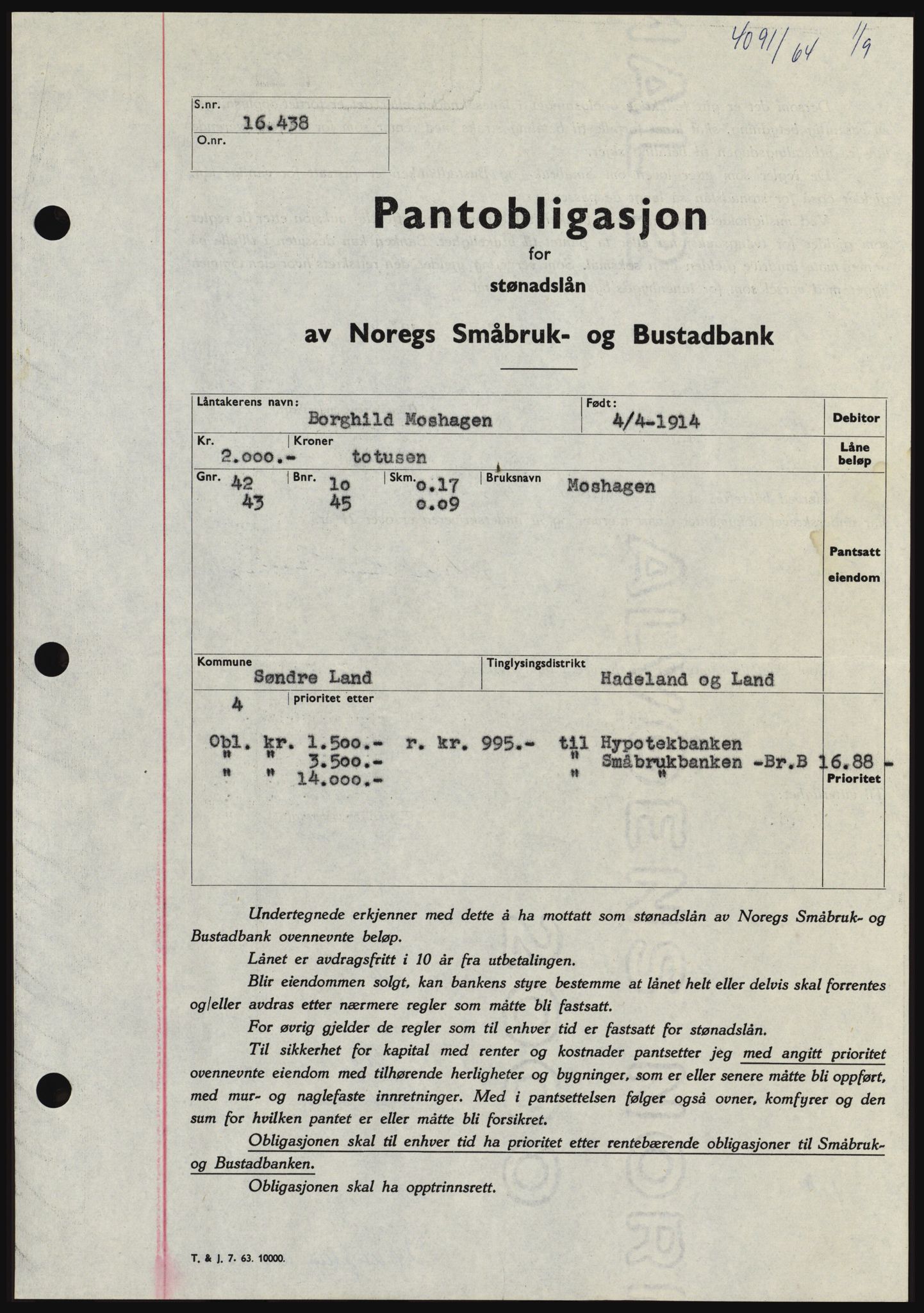 Hadeland og Land tingrett, SAH/TING-010/H/Hb/Hbc/L0056: Pantebok nr. B56, 1964-1964, Dagboknr: 4091/1964