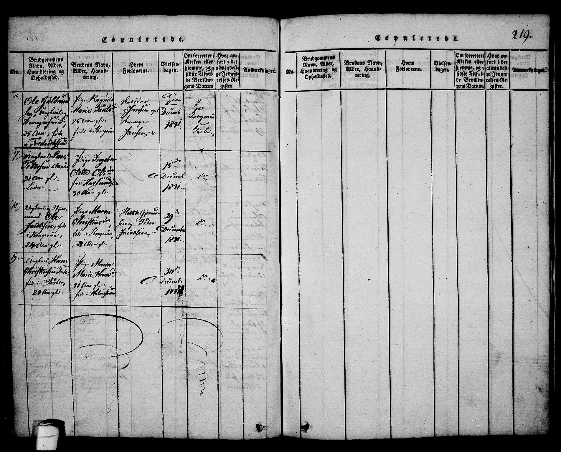 Kragerø kirkebøker, AV/SAKO-A-278/G/Ga/L0002: Klokkerbok nr. 2, 1814-1831, s. 219