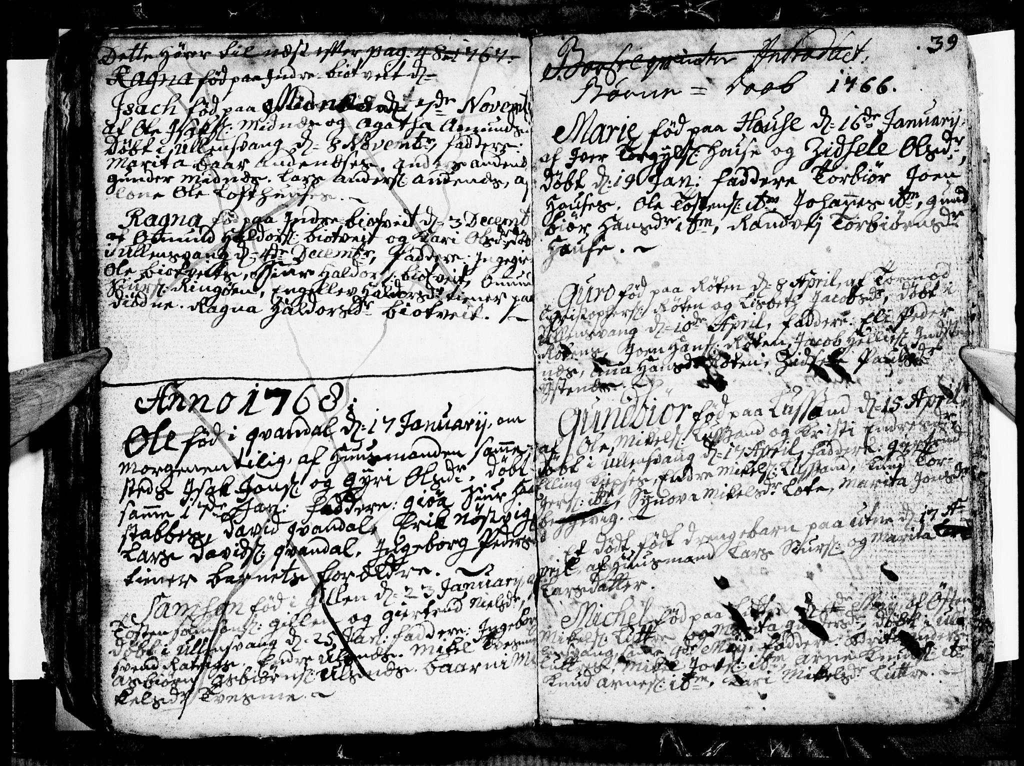 Ullensvang sokneprestembete, SAB/A-78701/H/Hab: Klokkerbok nr. E 1, 1766-1769, s. 38-39