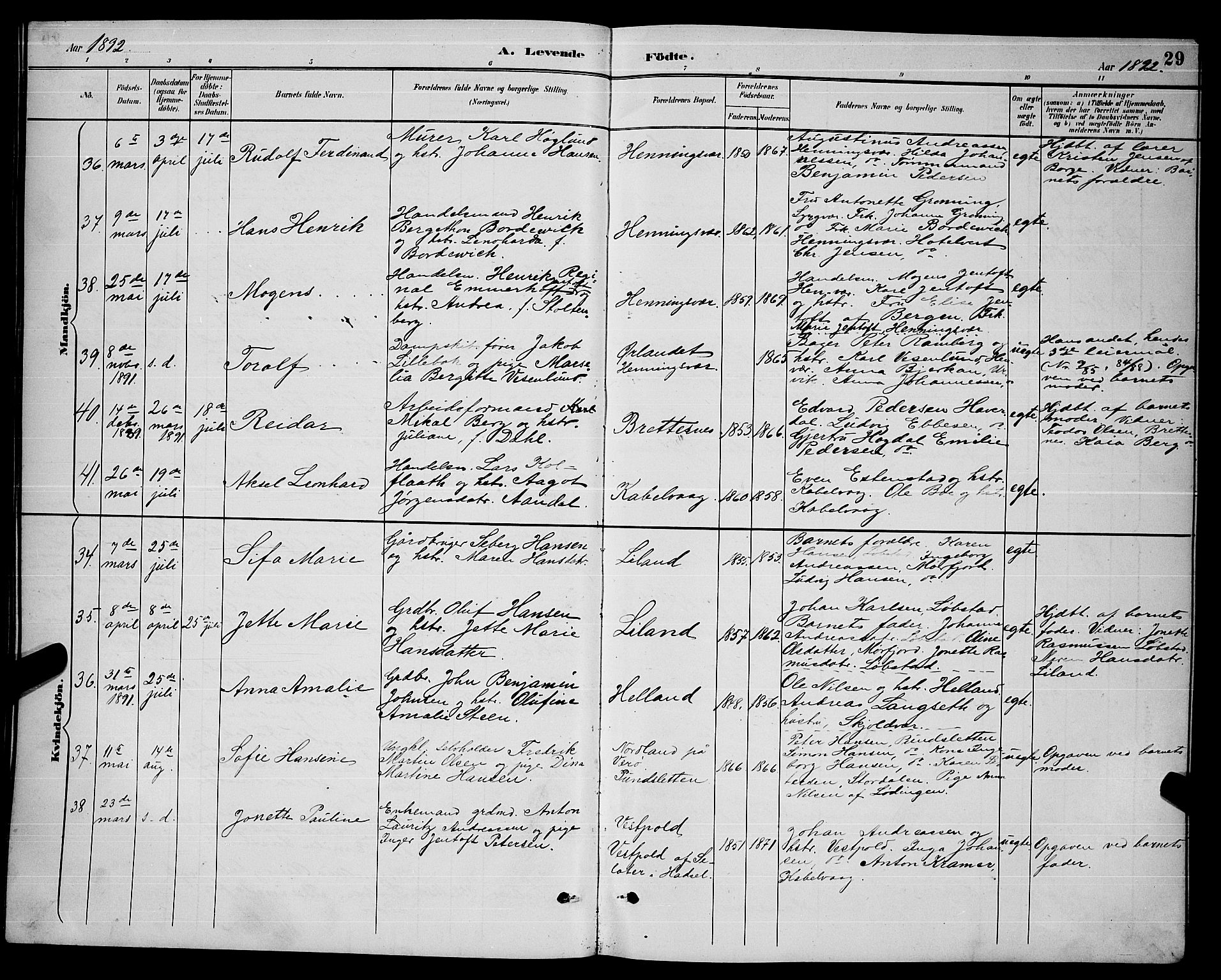 Ministerialprotokoller, klokkerbøker og fødselsregistre - Nordland, AV/SAT-A-1459/874/L1077: Klokkerbok nr. 874C06, 1891-1900, s. 29