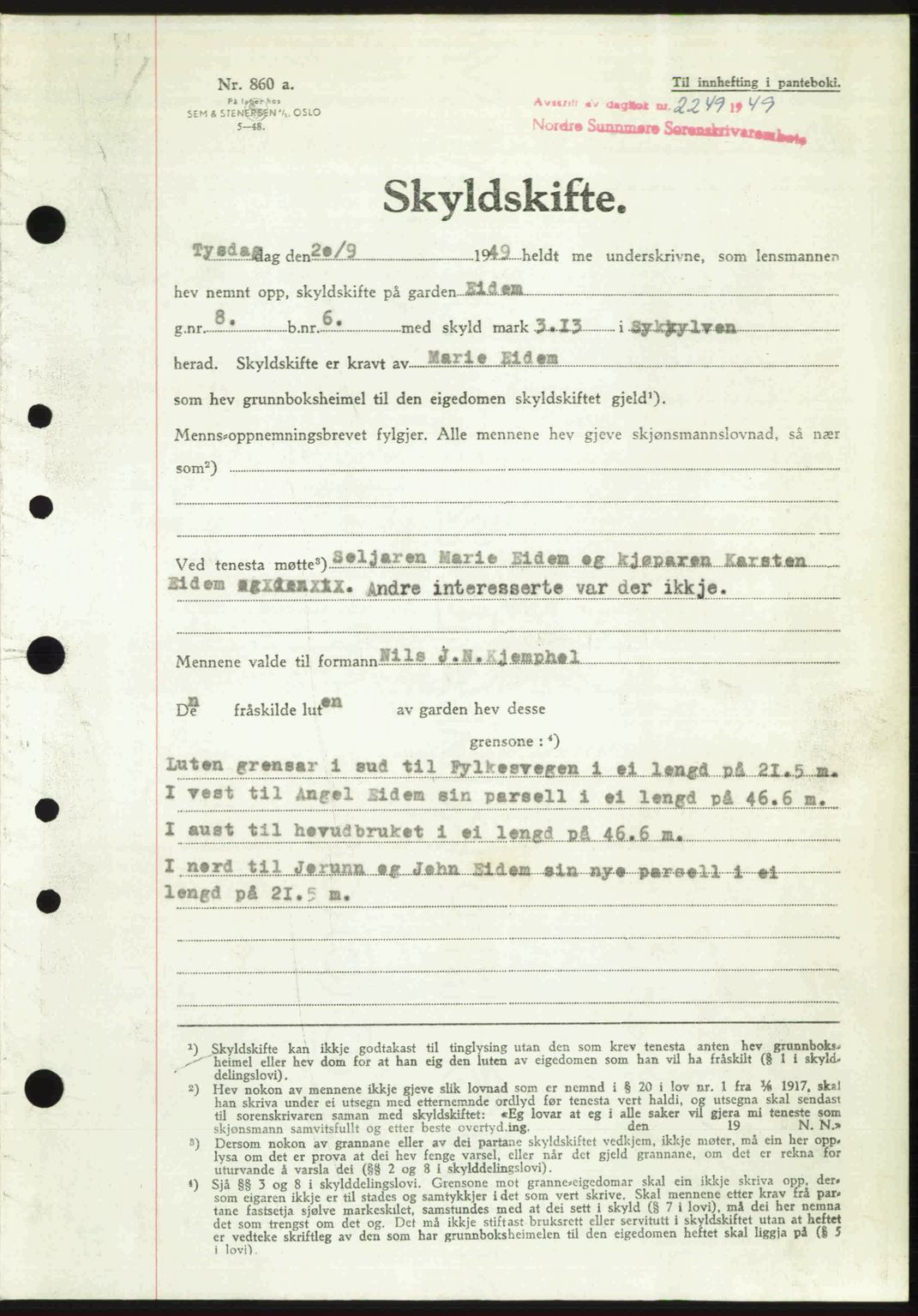 Nordre Sunnmøre sorenskriveri, AV/SAT-A-0006/1/2/2C/2Ca: Pantebok nr. A32, 1949-1949, Dagboknr: 2249/1949