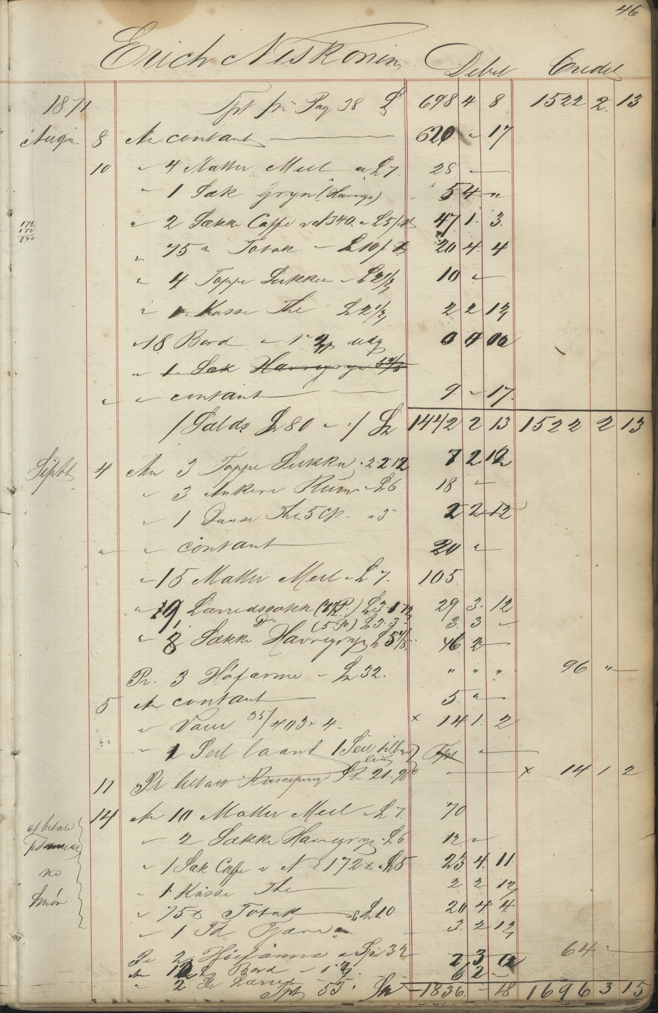 Brodtkorb handel A/S, VAMU/A-0001/F/Fc/L0001/0001: Konto for kvener og nordmenn på Kolahalvøya  / Conto for Kvæner og Nordmænd paa Russefinmarken No 1, 1868-1894, s. 46