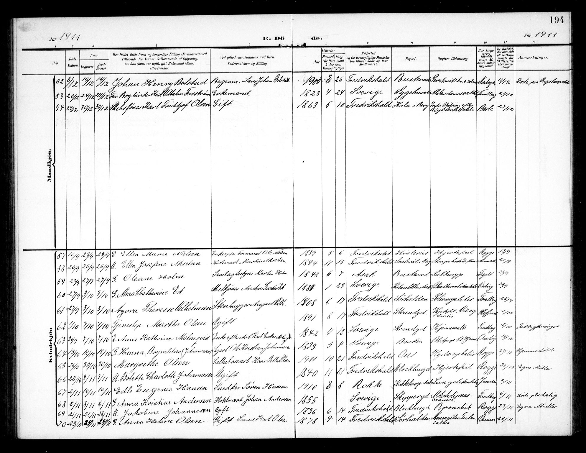 Halden prestekontor Kirkebøker, AV/SAO-A-10909/G/Ga/L0011: Klokkerbok nr. 11, 1906-1934, s. 194