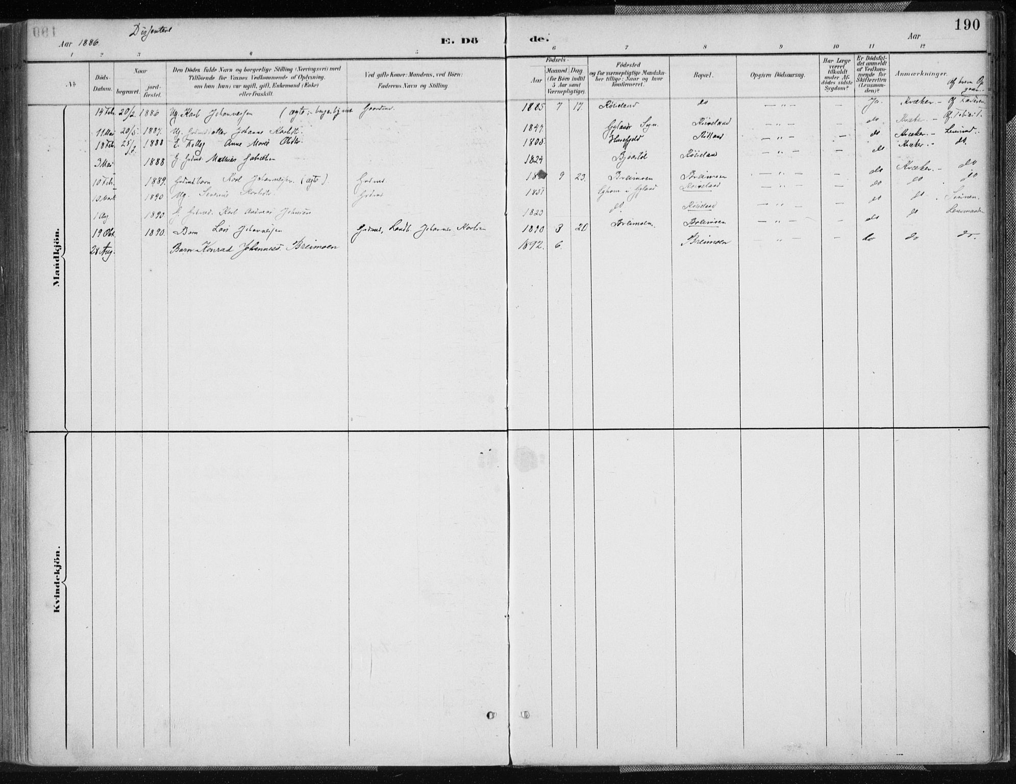 Kvinesdal sokneprestkontor, AV/SAK-1111-0026/F/Fa/Fab/L0008: Ministerialbok nr. A 8, 1886-1897, s. 190