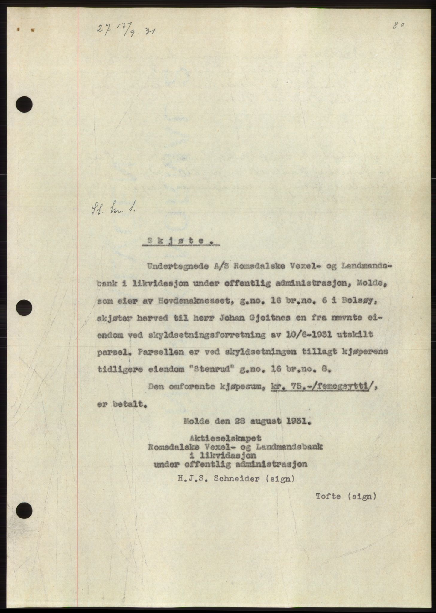 Romsdal sorenskriveri, AV/SAT-A-4149/1/2/2C/L0060: Pantebok nr. 54, 1931-1932, Tingl.dato: 15.09.1931