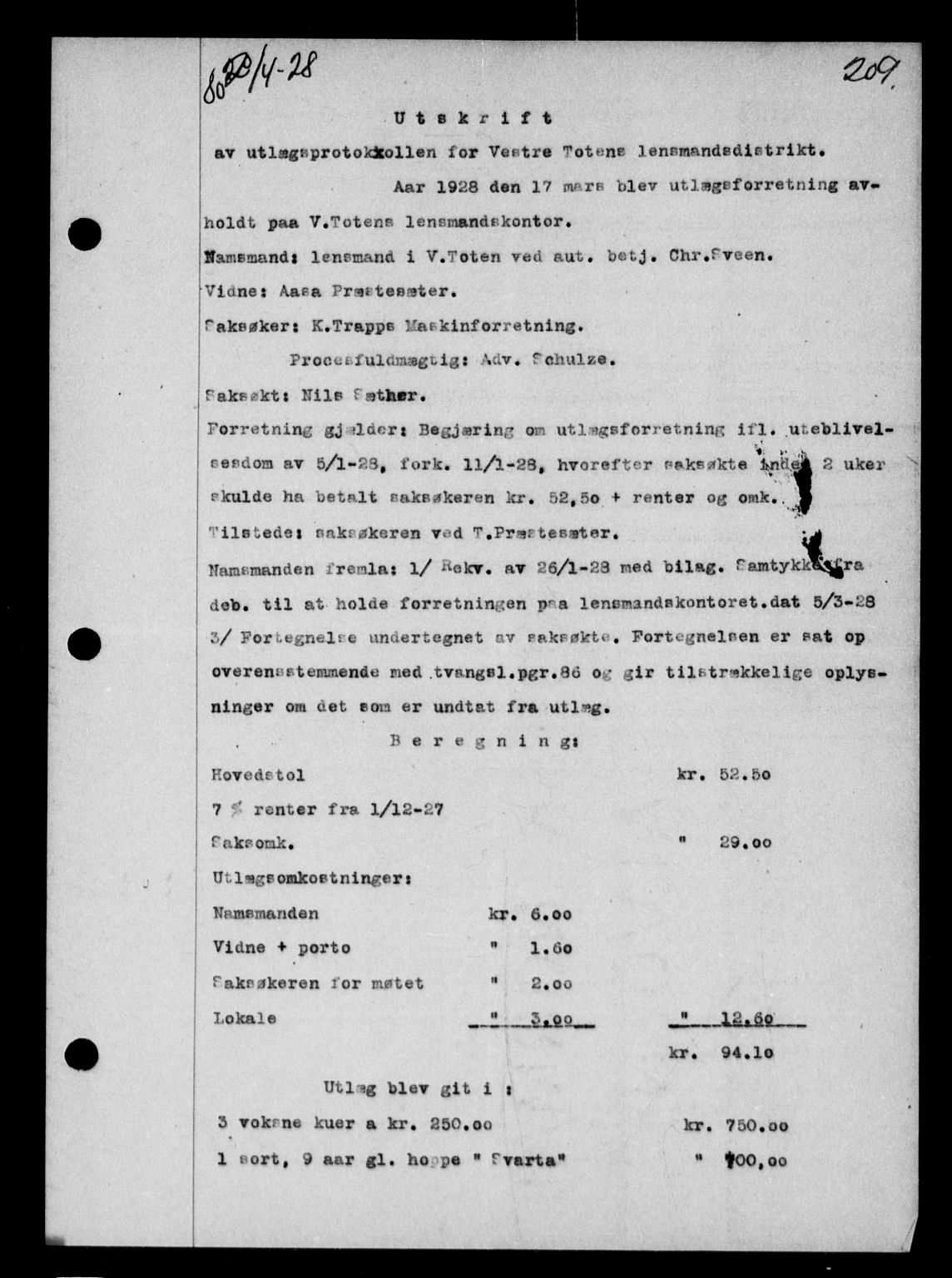Toten tingrett, SAH/TING-006/H/Hb/Hba/L0037: Pantebok nr. 37, 1928-1928, s. 209